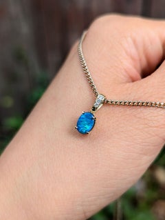 14k Gold Lightning Ridge Australian Black Opal Doublet Diamond Pendant Charm