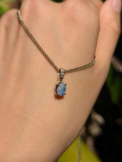 14k Gold Lightning Ridge Australian Black Opal Doublet Diamond Pendant Pink Blue