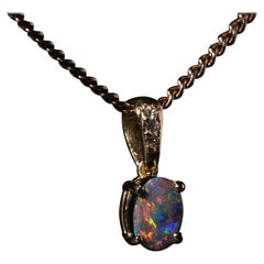14k Gold Lightning Ridge Australian Black Opal Doublet Diamond Pendant Pink Blue
