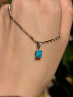 14K Gold Lightning Ridge Australian Black Opal Doublet Diamond Pendant Teal Blue
