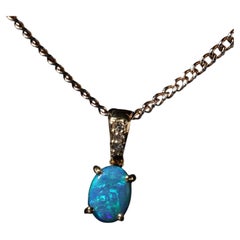 14K Gold Lightning Ridge Australian Black Opal Doublet Diamond Pendant Teal Blue