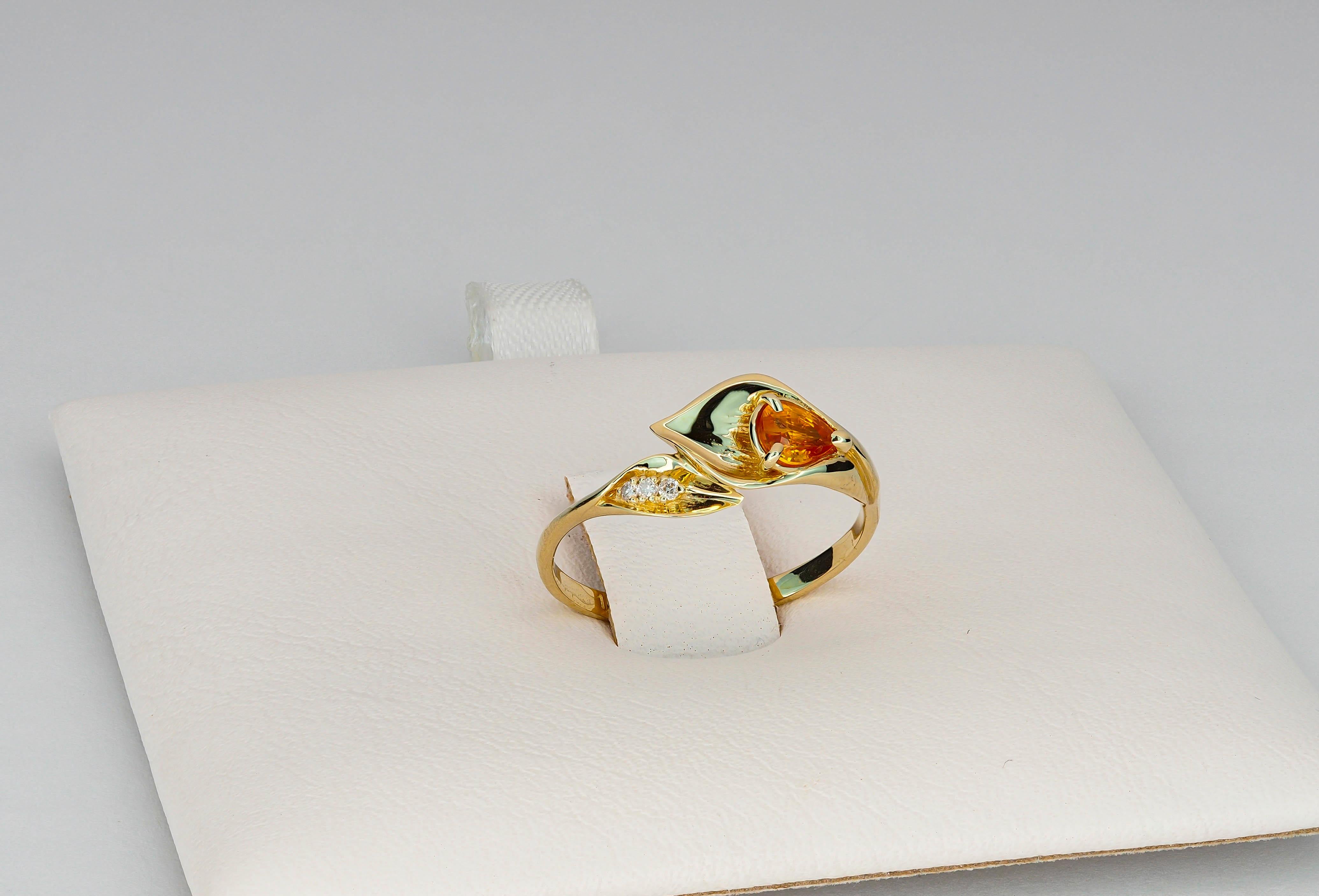 For Sale:  14k Gold Lily Calla Ring with Sapphire and Diamonds, Calla Lily Ring 2
