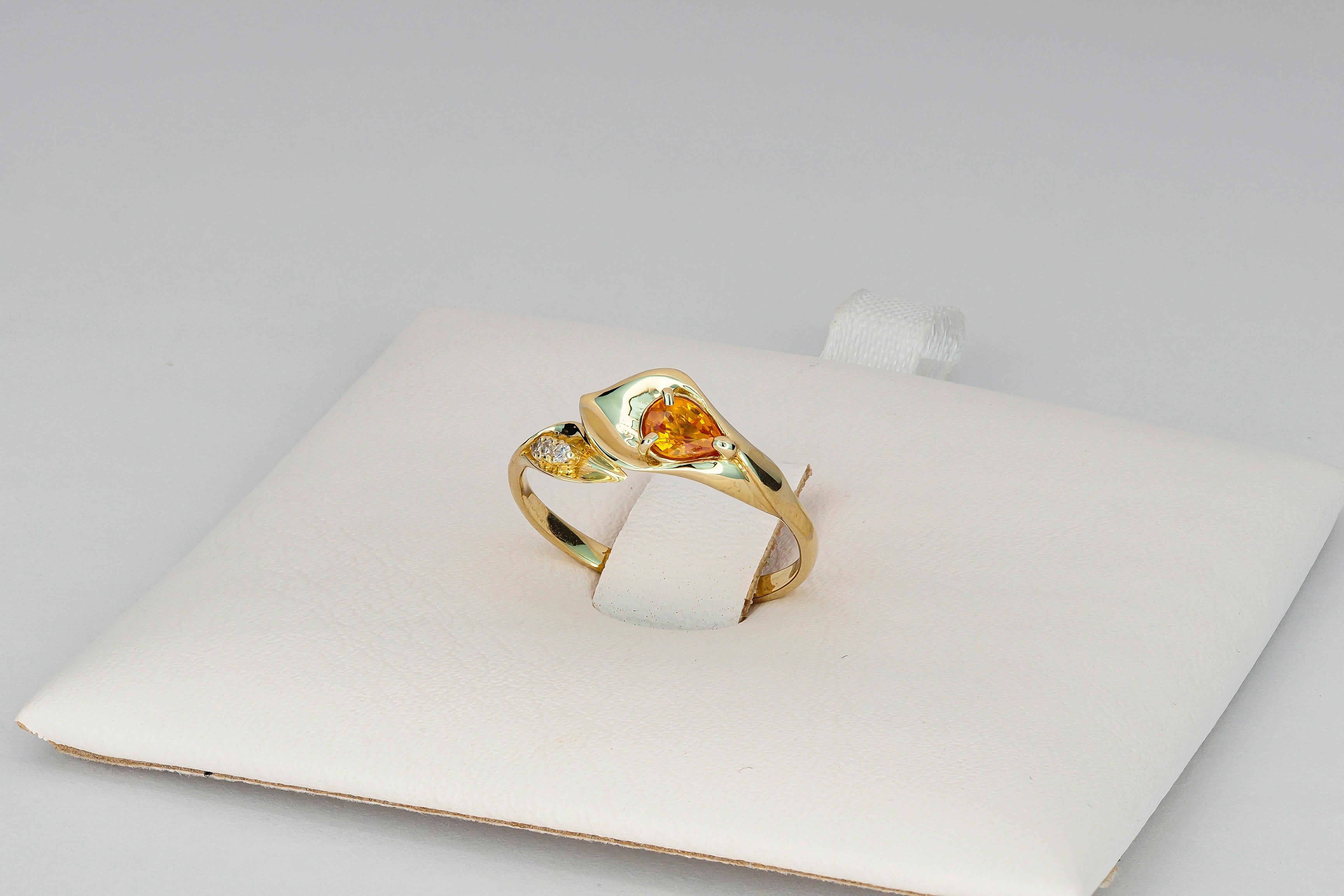 For Sale:  14k Gold Lily Calla Ring with Sapphire and Diamonds, Calla Lily Ring 3