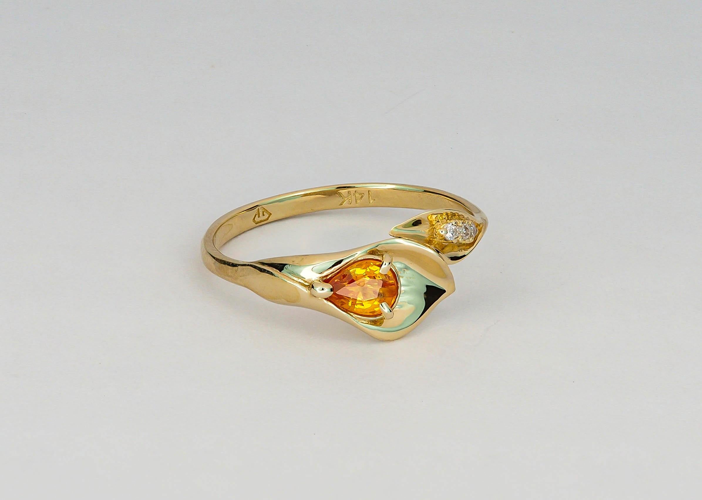 For Sale:  14k Gold Lily Calla Ring with Sapphire and Diamonds, Calla Lily Ring 5