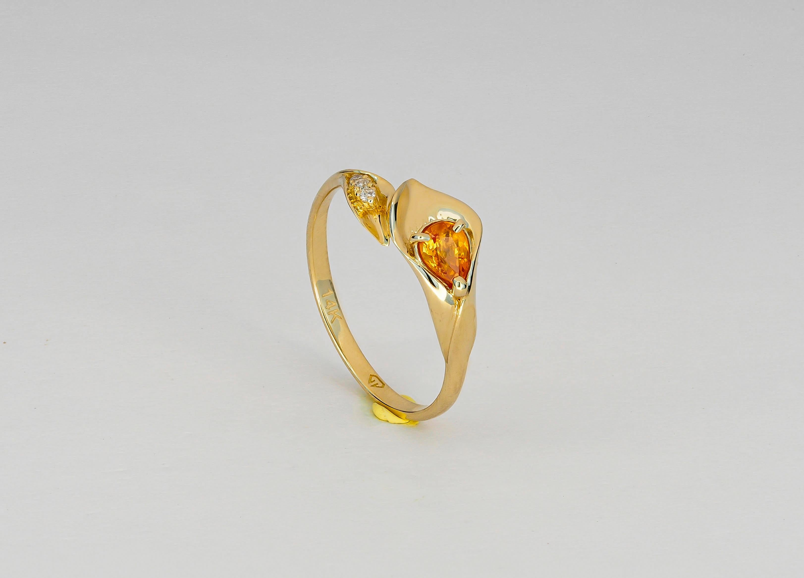 For Sale:  14k Gold Lily Calla Ring with Sapphire and Diamonds, Calla Lily Ring 8