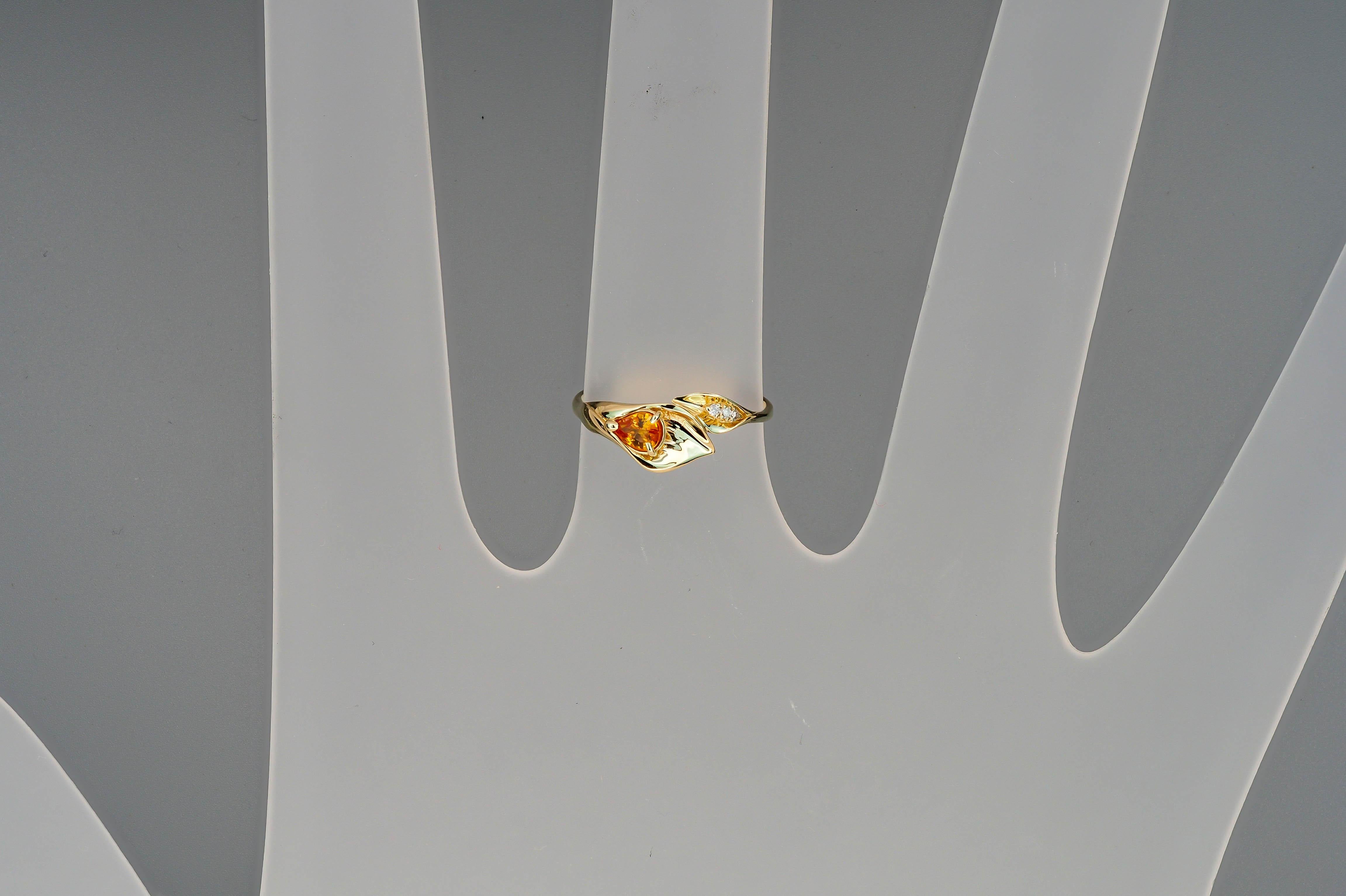 For Sale:  14k Gold Lily Calla Ring with Sapphire and Diamonds, Calla Lily Ring 9