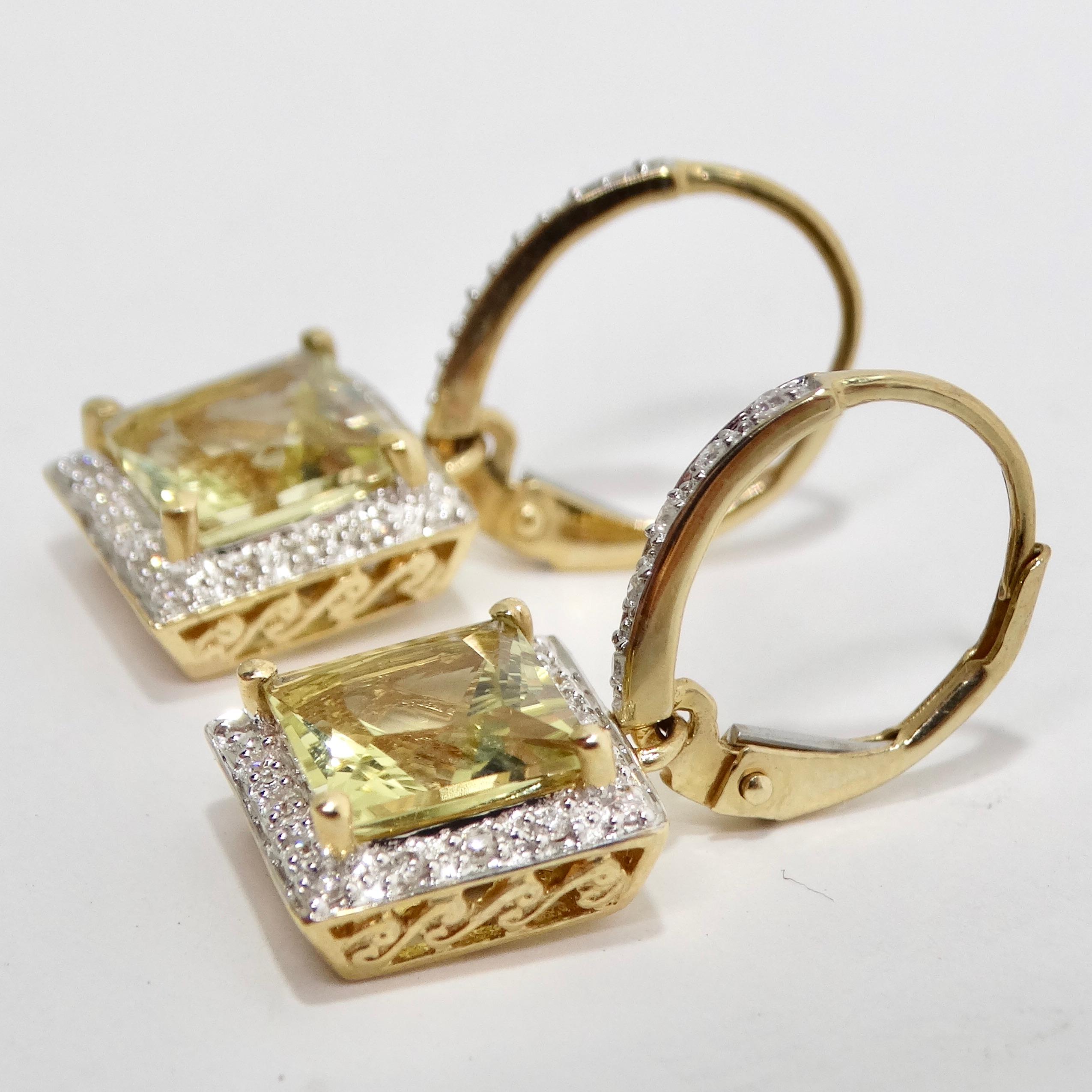 Square Cut 14K Gold Citrine Diamond Earrings For Sale