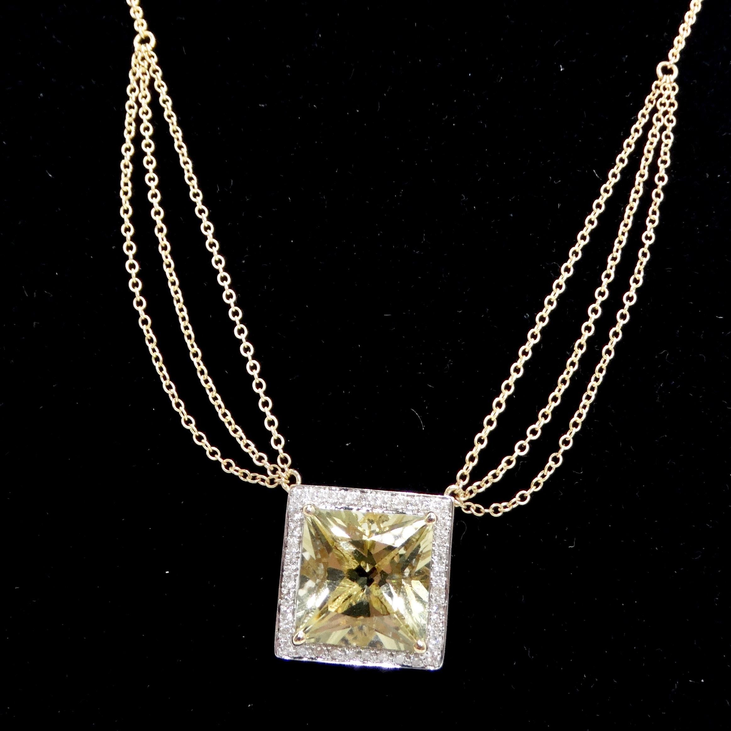 Square Cut 14K Gold Citrine Diamond Necklace For Sale