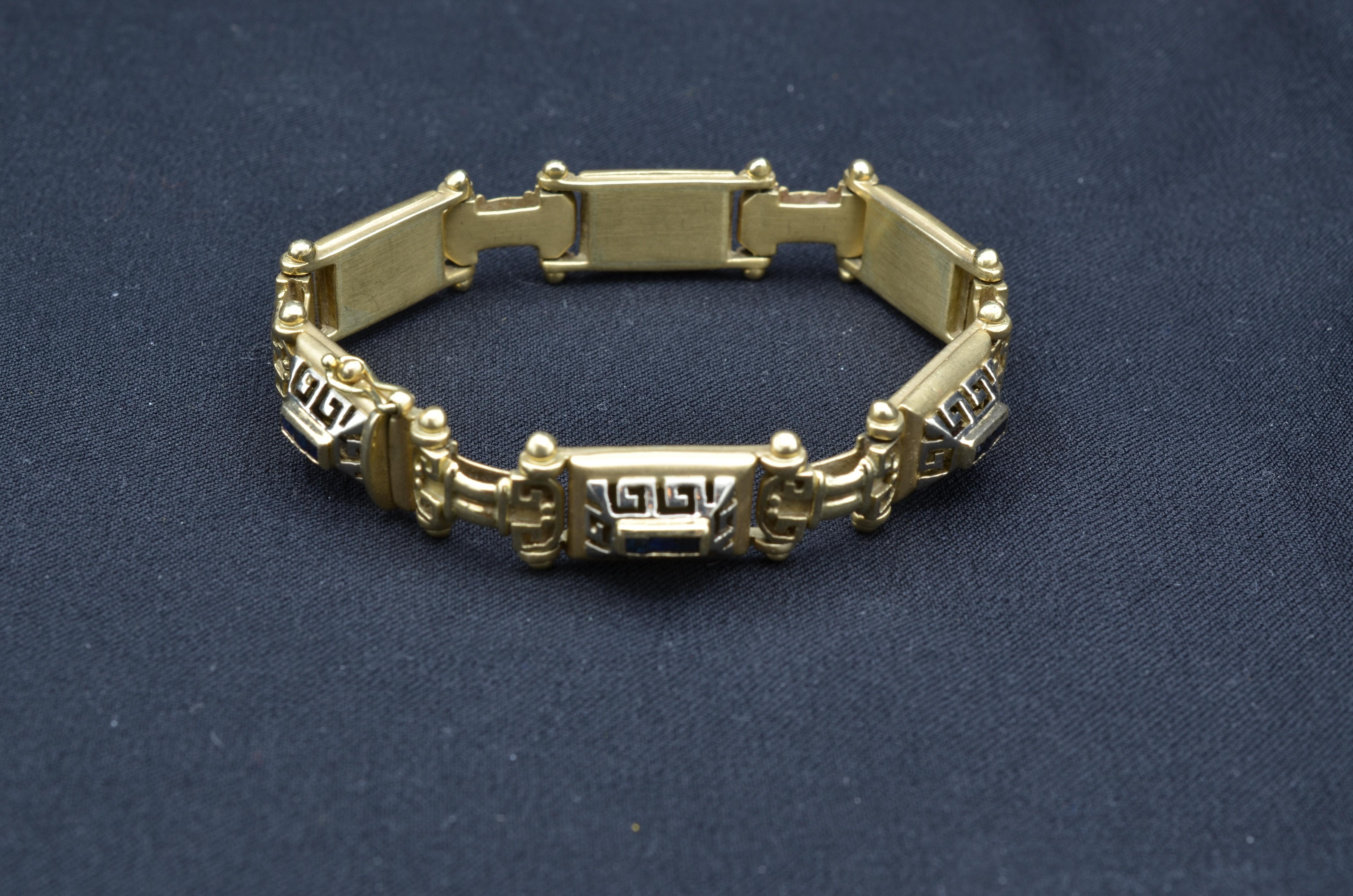 Art Deco Gold Links 14K Bracelet Roman Design Motifs with Baguette Sapphires For Sale