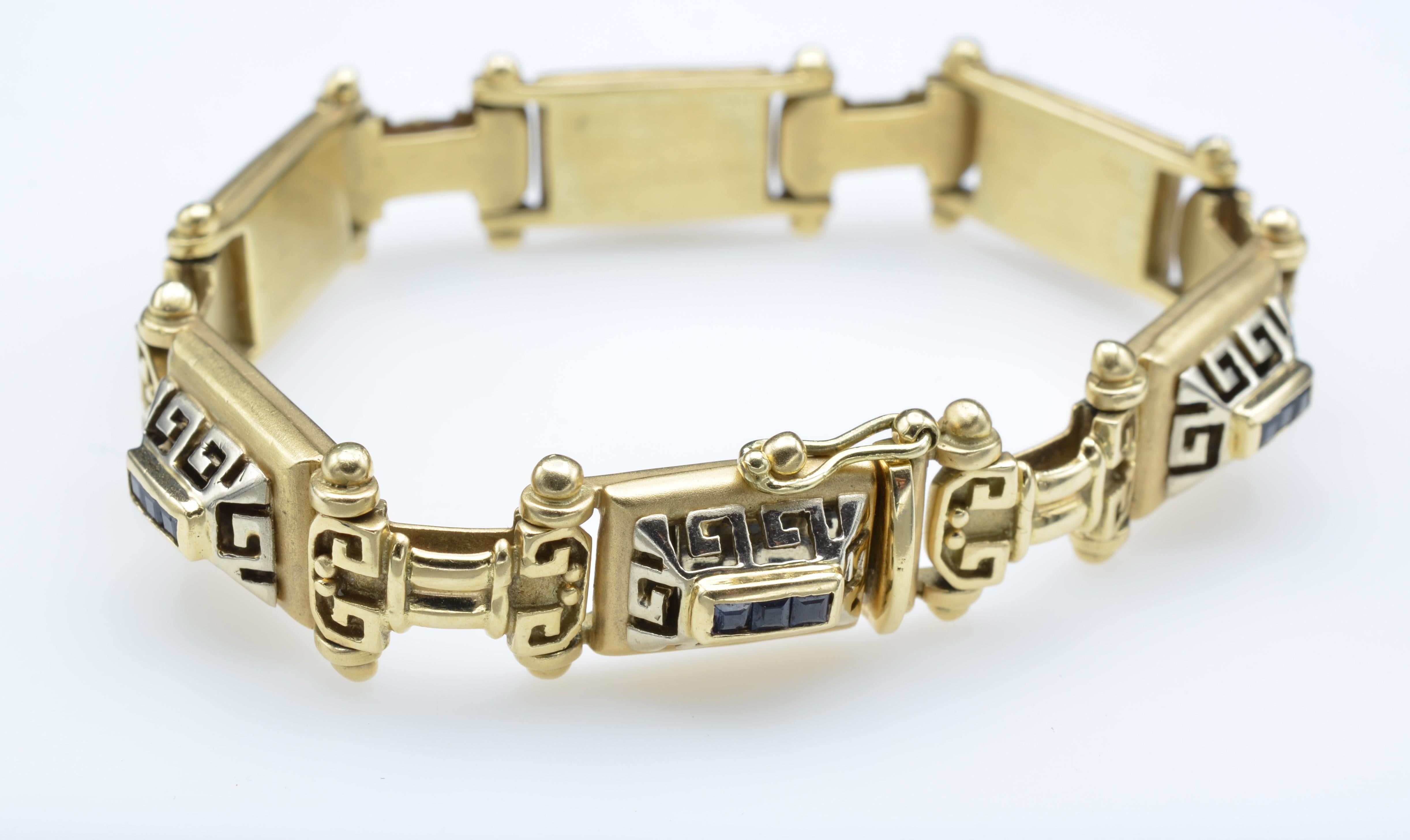 Baguette Cut Gold Links 14K Bracelet Roman Design Motifs with Baguette Sapphires For Sale