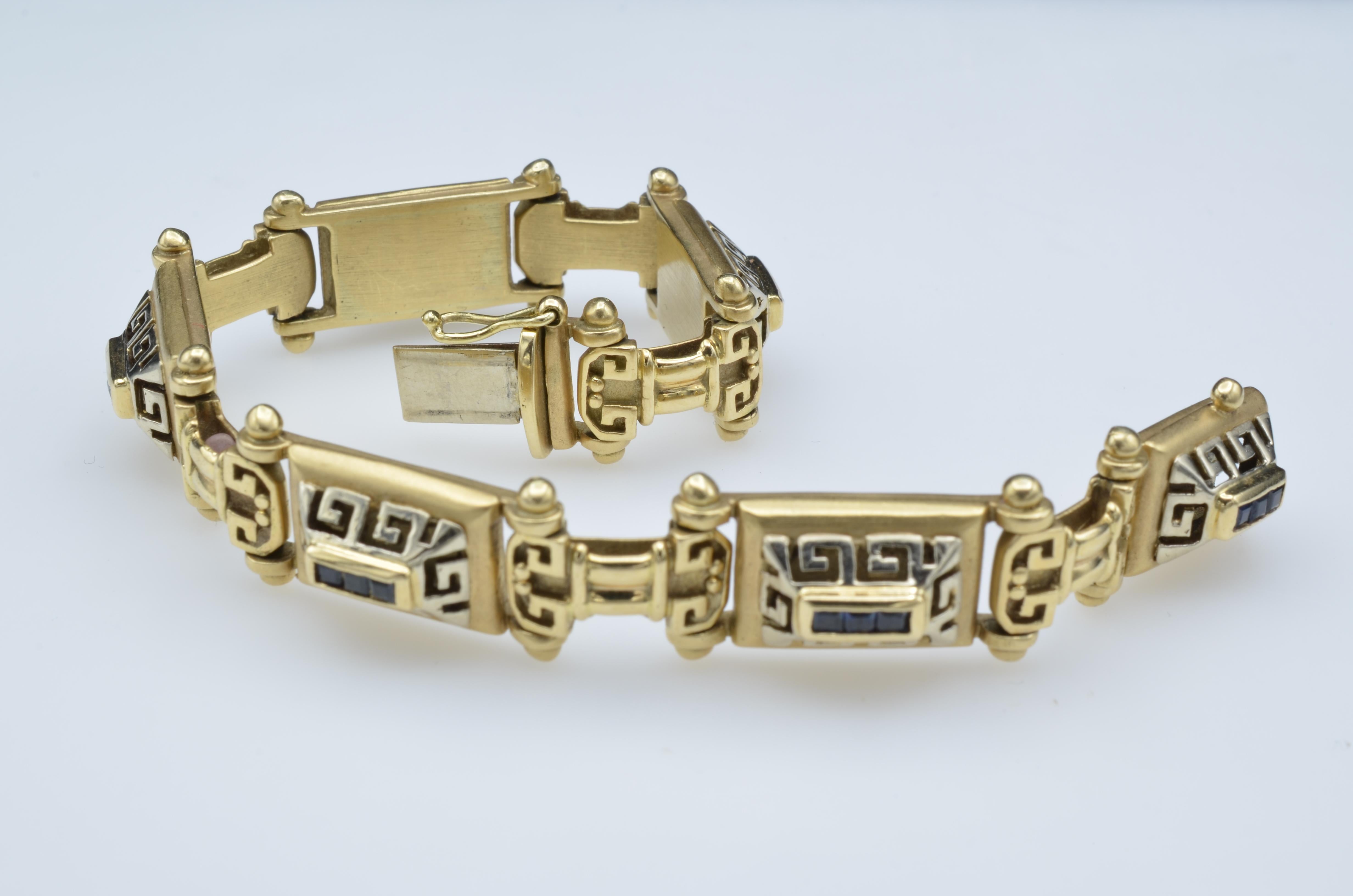Women's or Men's Gold Links 14K Bracelet Roman Design Motifs with Baguette Sapphires For Sale