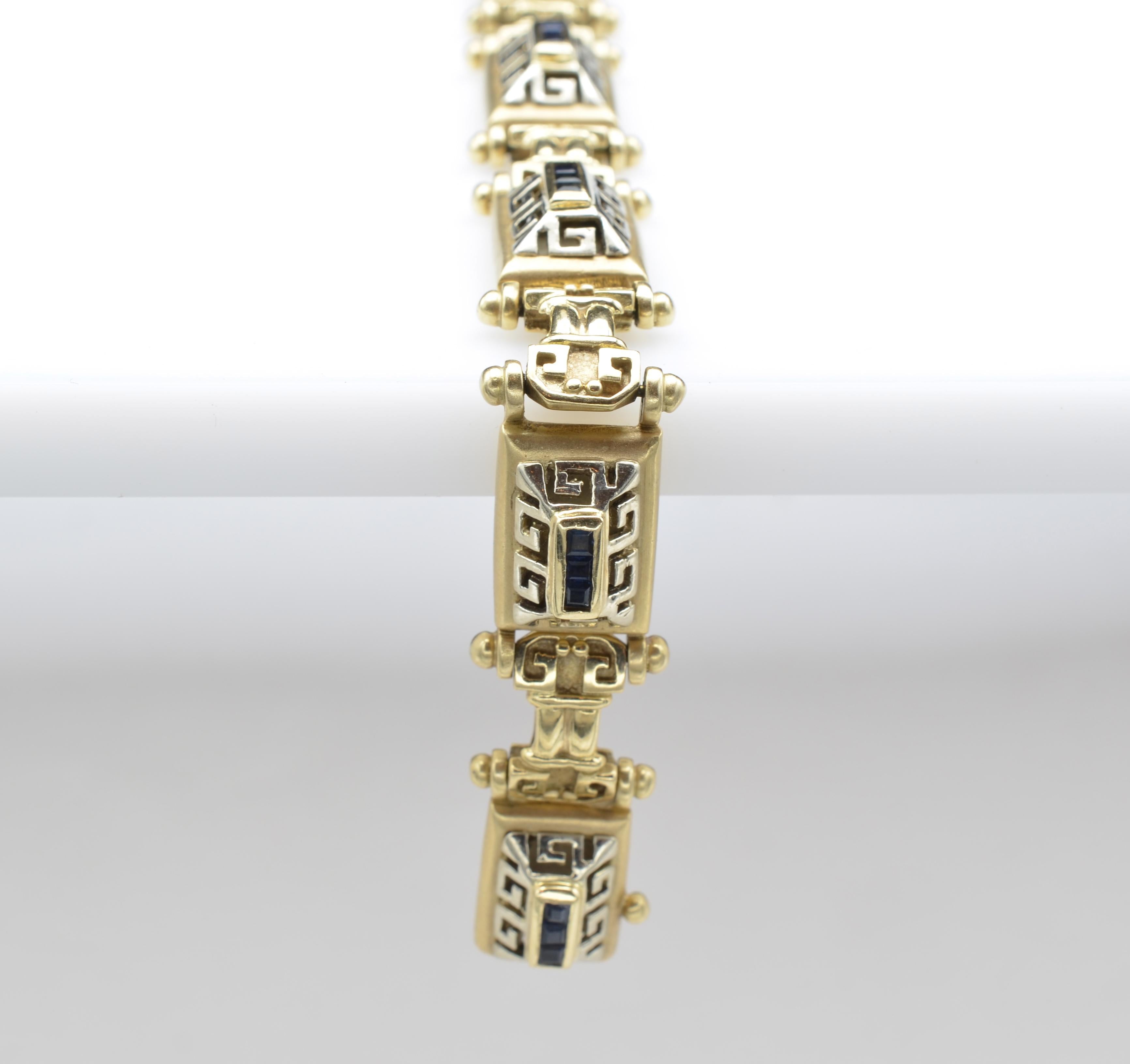 Gold Links 14K Bracelet Roman Design Motifs with Baguette Sapphires For Sale 1