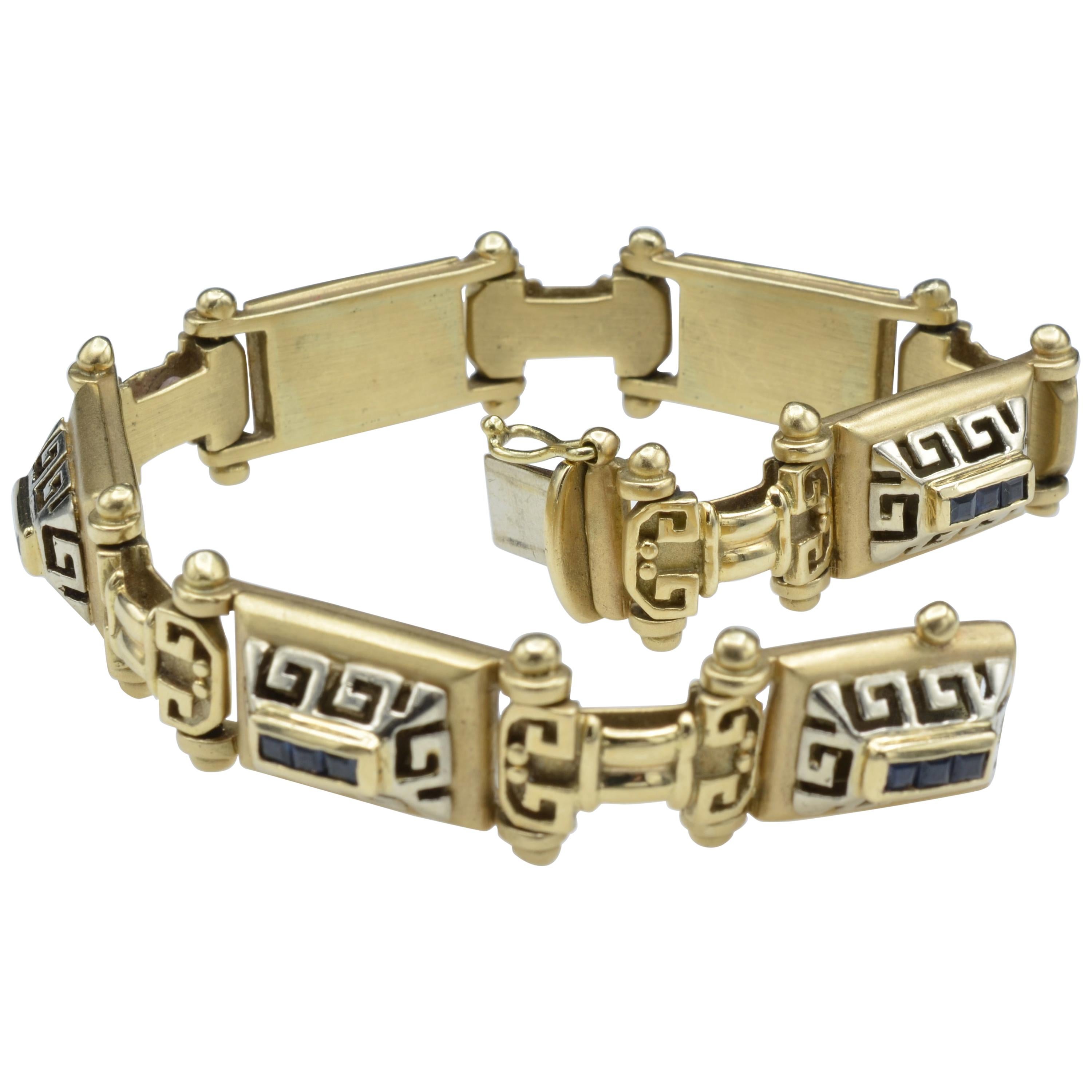 Gold Links 14K Bracelet Roman Design Motifs with Baguette Sapphires For Sale