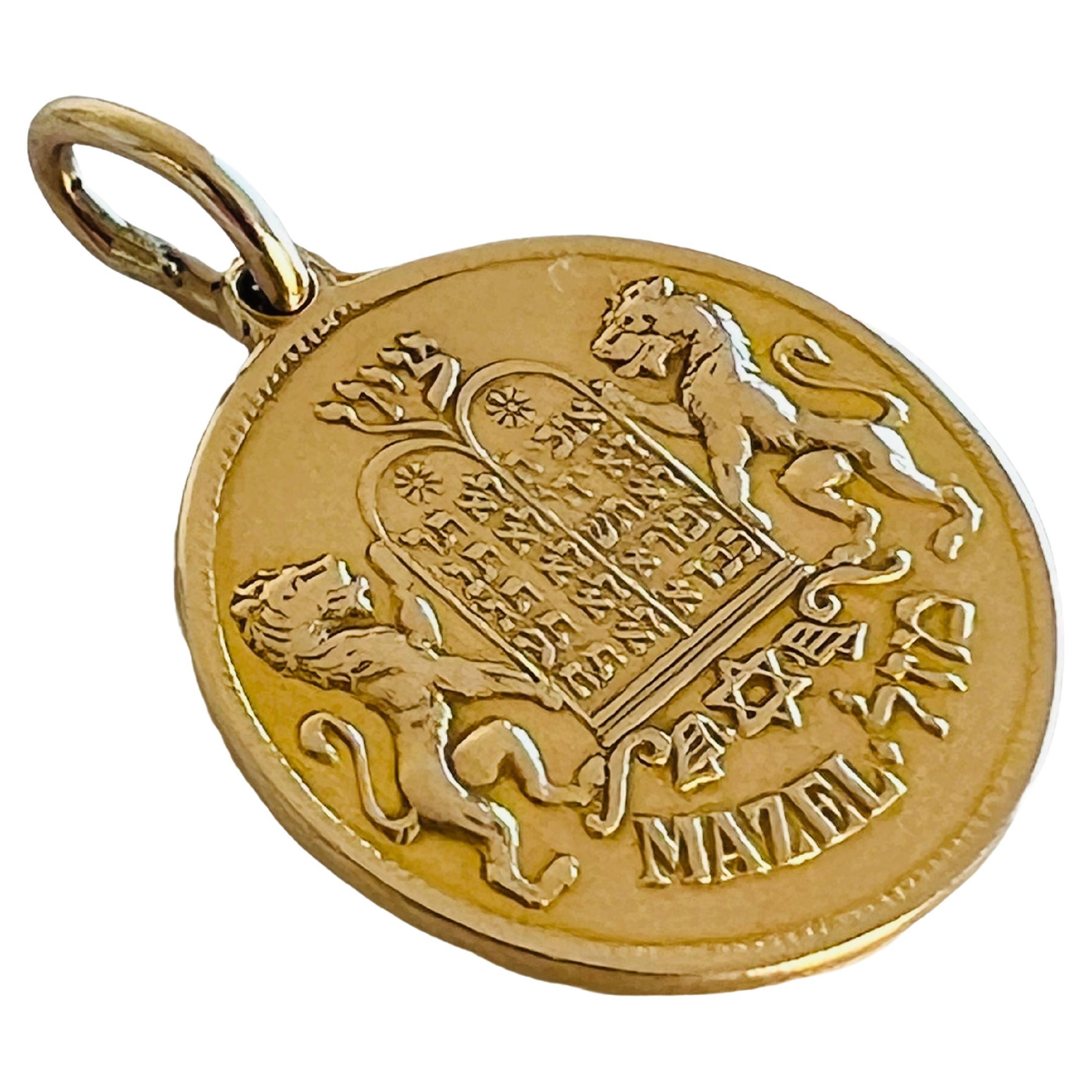 14k Gold Lions of Judah Jewish Mazel Medallion Coin Pendant Figaro Chain 1