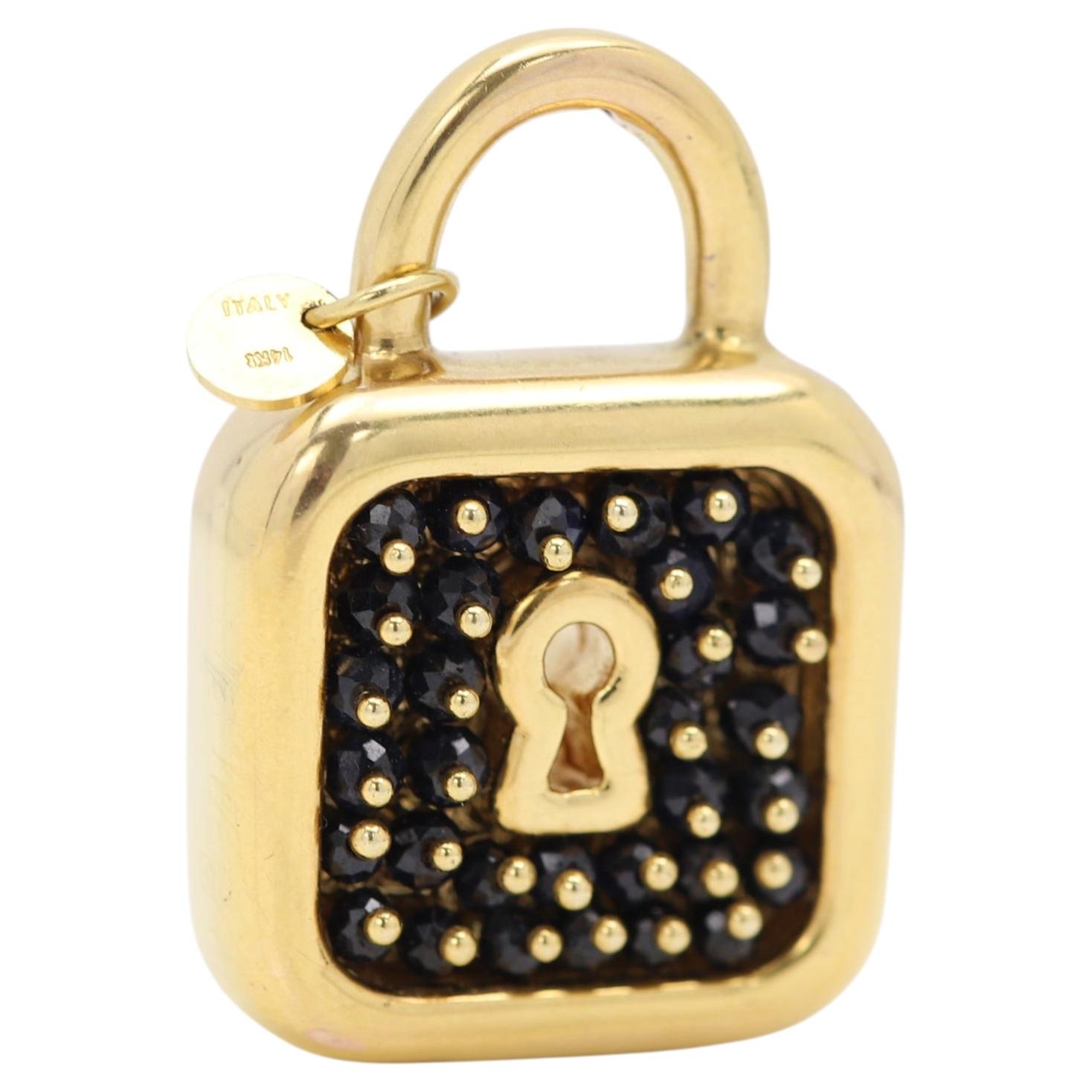 14k Gold Lock Necklace Sapphire Beads embedded Design Vintage Pendant For Sale