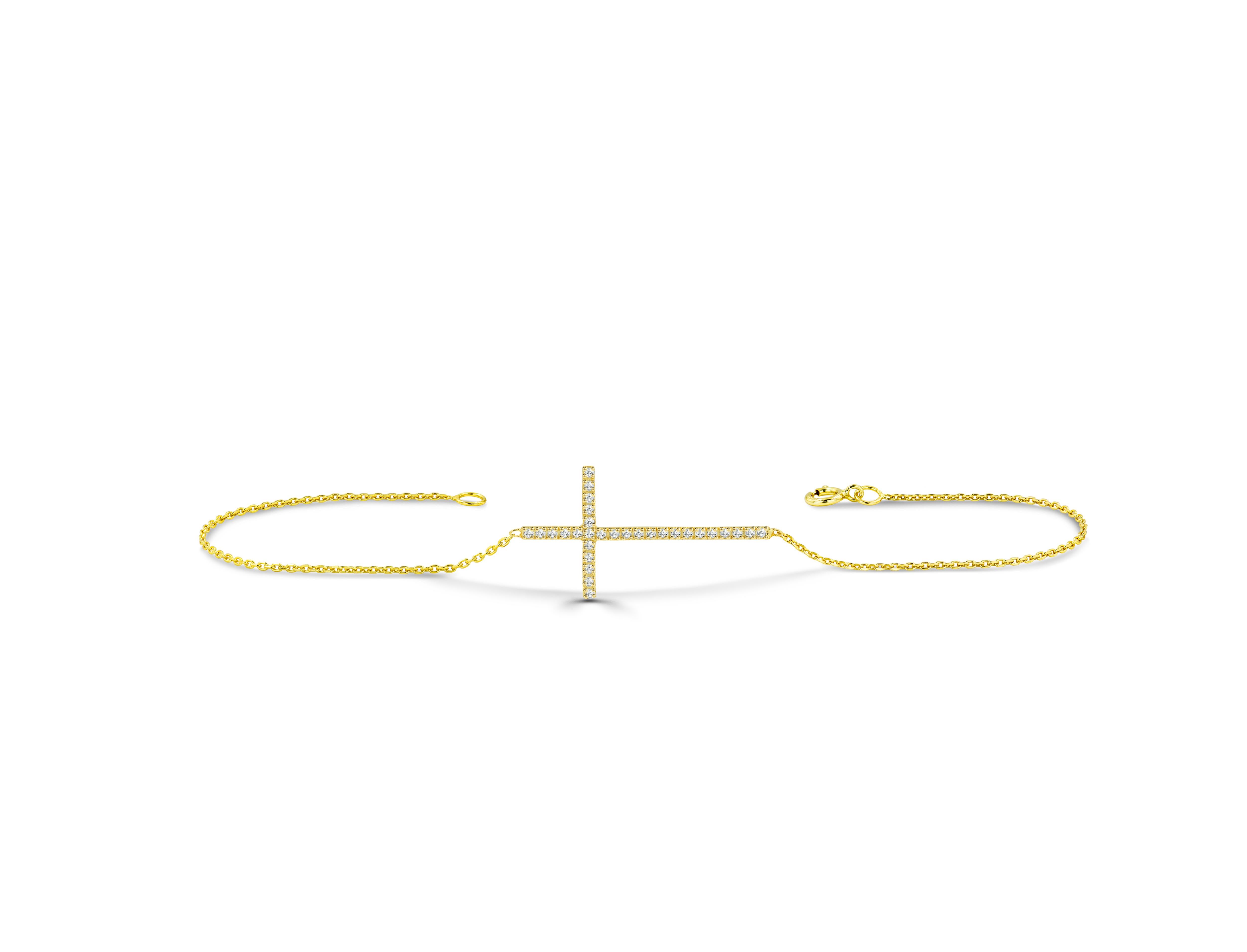 Modern 14K Gold Long Cross Diamond Bracelet Sideway Cross Diamond Bracelet For Sale