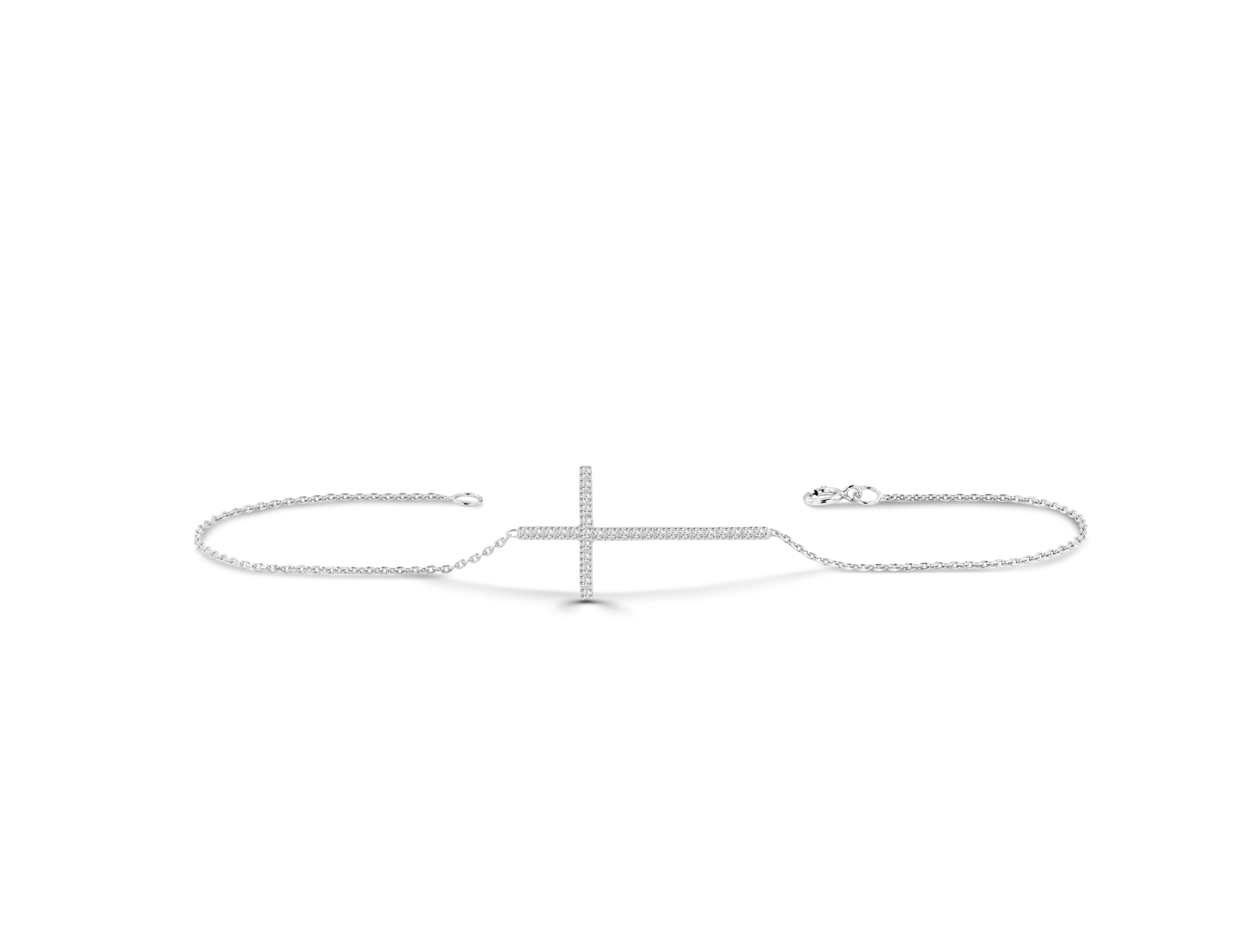 14 Karat Gold Langes Kreuz-Diamant-Armband Sideway Cross Diamant-Armband (Rundschliff) im Angebot