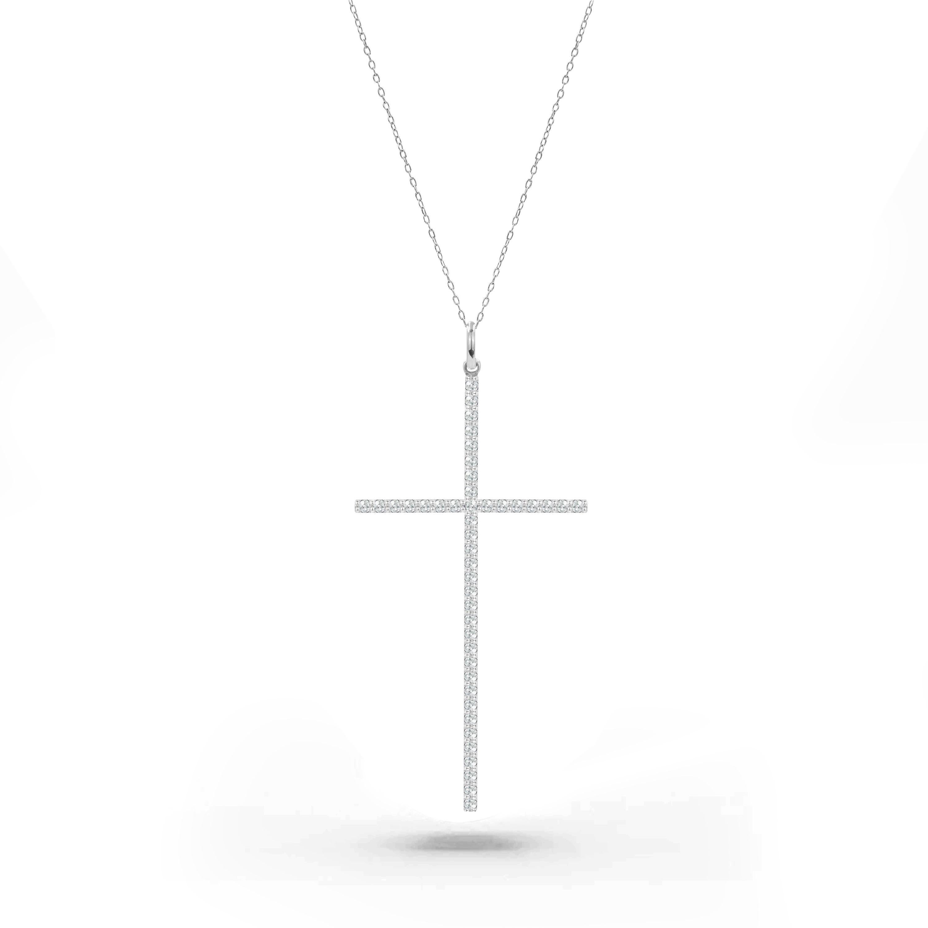 Modern 14k Gold Long Diamond Cross Pendant Necklace Long Pave Diamond 0.49 Carats For Sale