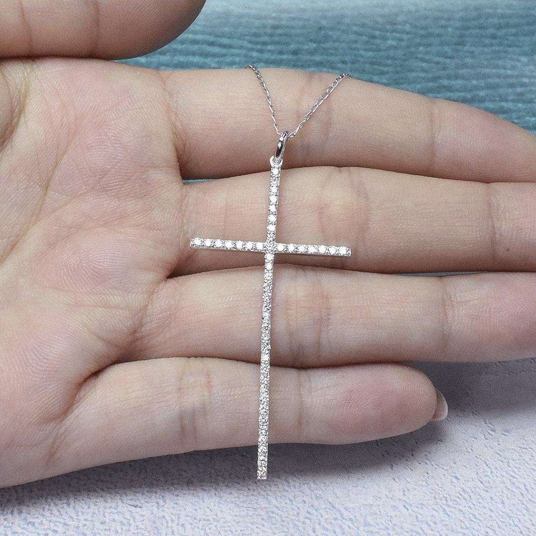 Women's or Men's 14k Gold Long Diamond Cross Pendant Necklace Long Pave Diamond 0.49 Carats For Sale