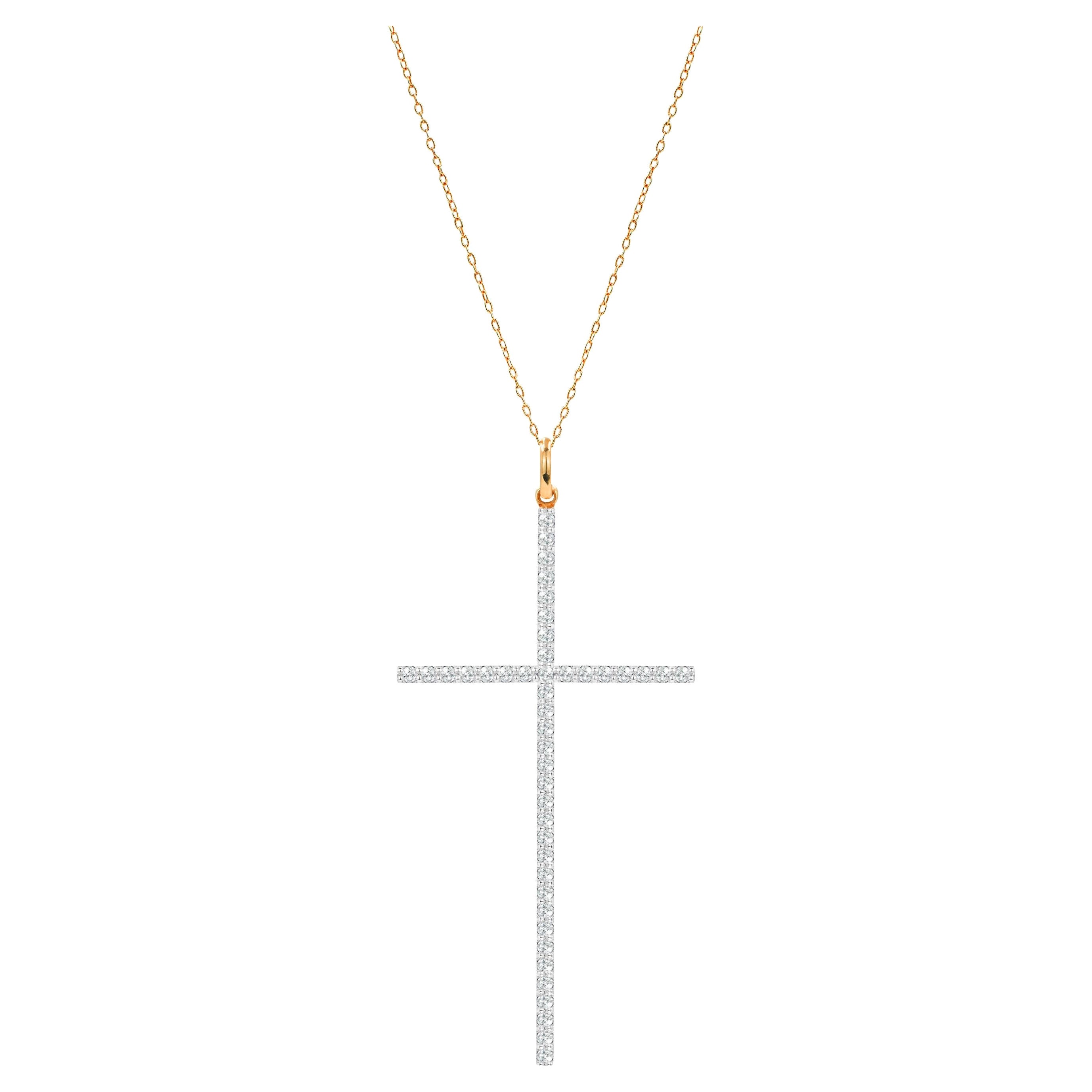 Long collier pendentif croix en or 14 carats avec diamants pavés de 0,49 carat