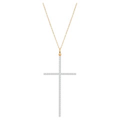 14k Gold Long Diamond Cross Pendant Necklace Long Pave Diamond 0.49 Carats