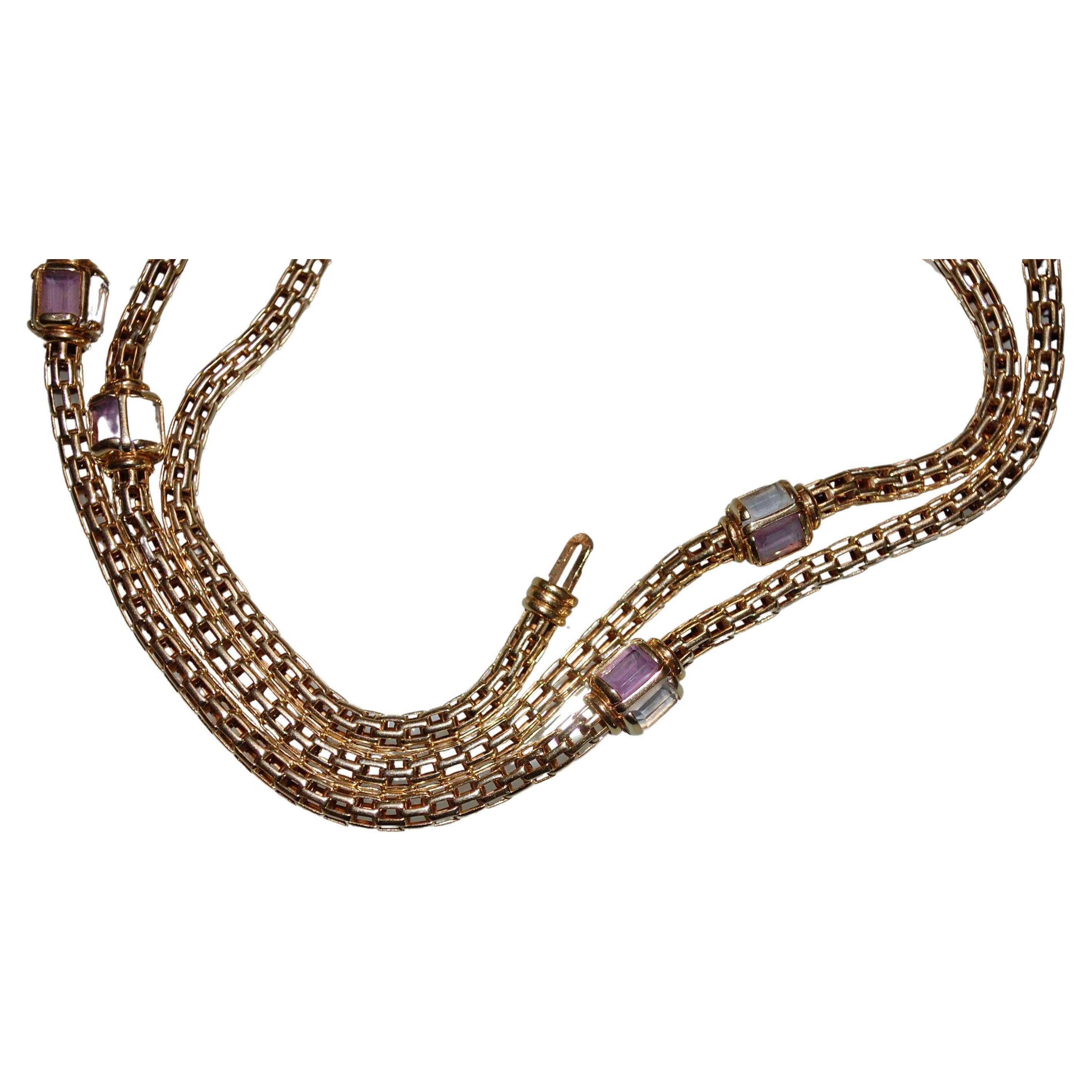 Modern 14k Gold Mesh Necklace with Aquamarine and Amethyst For Sale