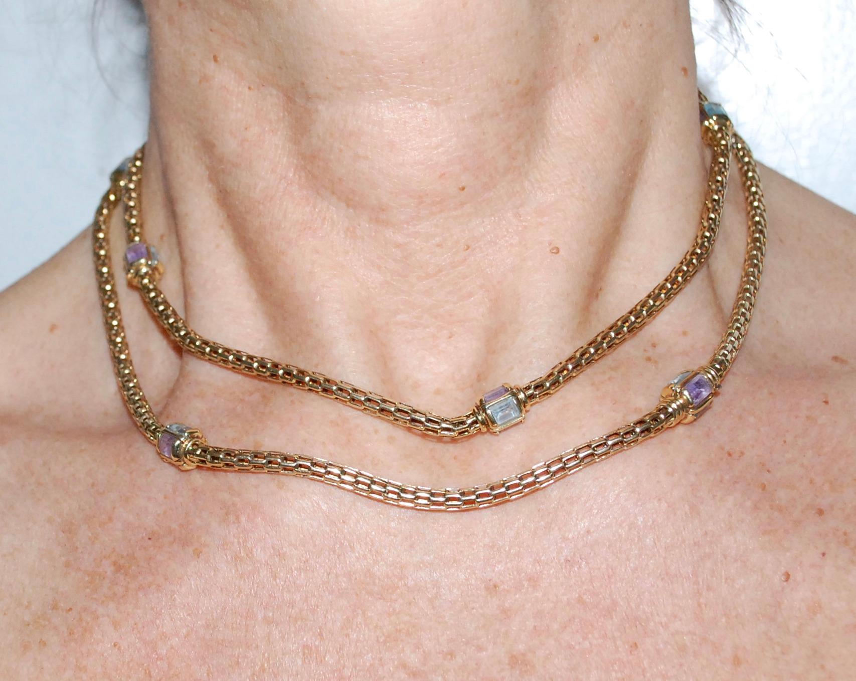 14k Gold Mesh Necklace with Aquamarine and Amethyst For Sale 1
