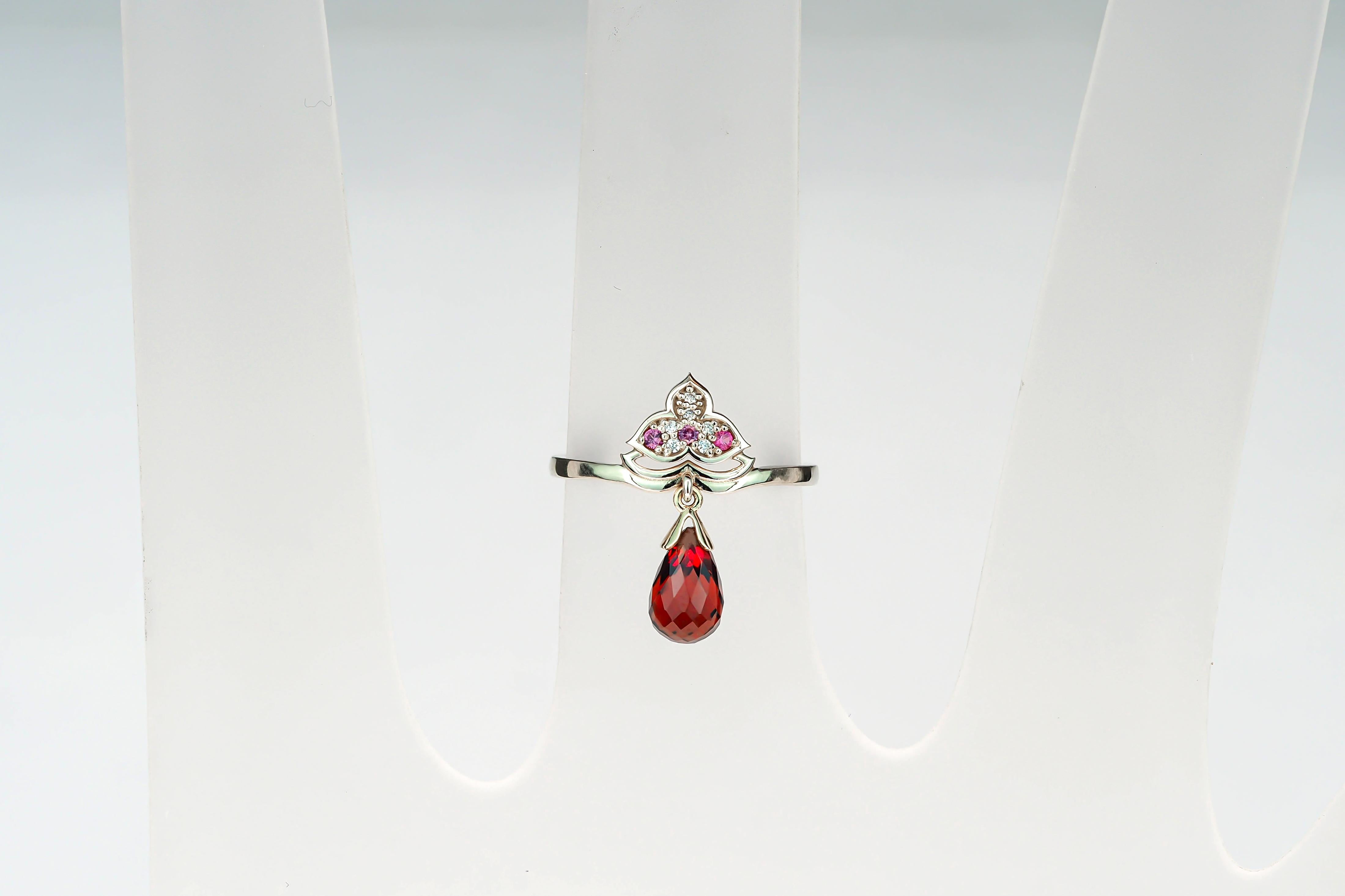 For Sale:  14k Gold Lotus Ring with Garnet, Sapphires and Diamonds 10