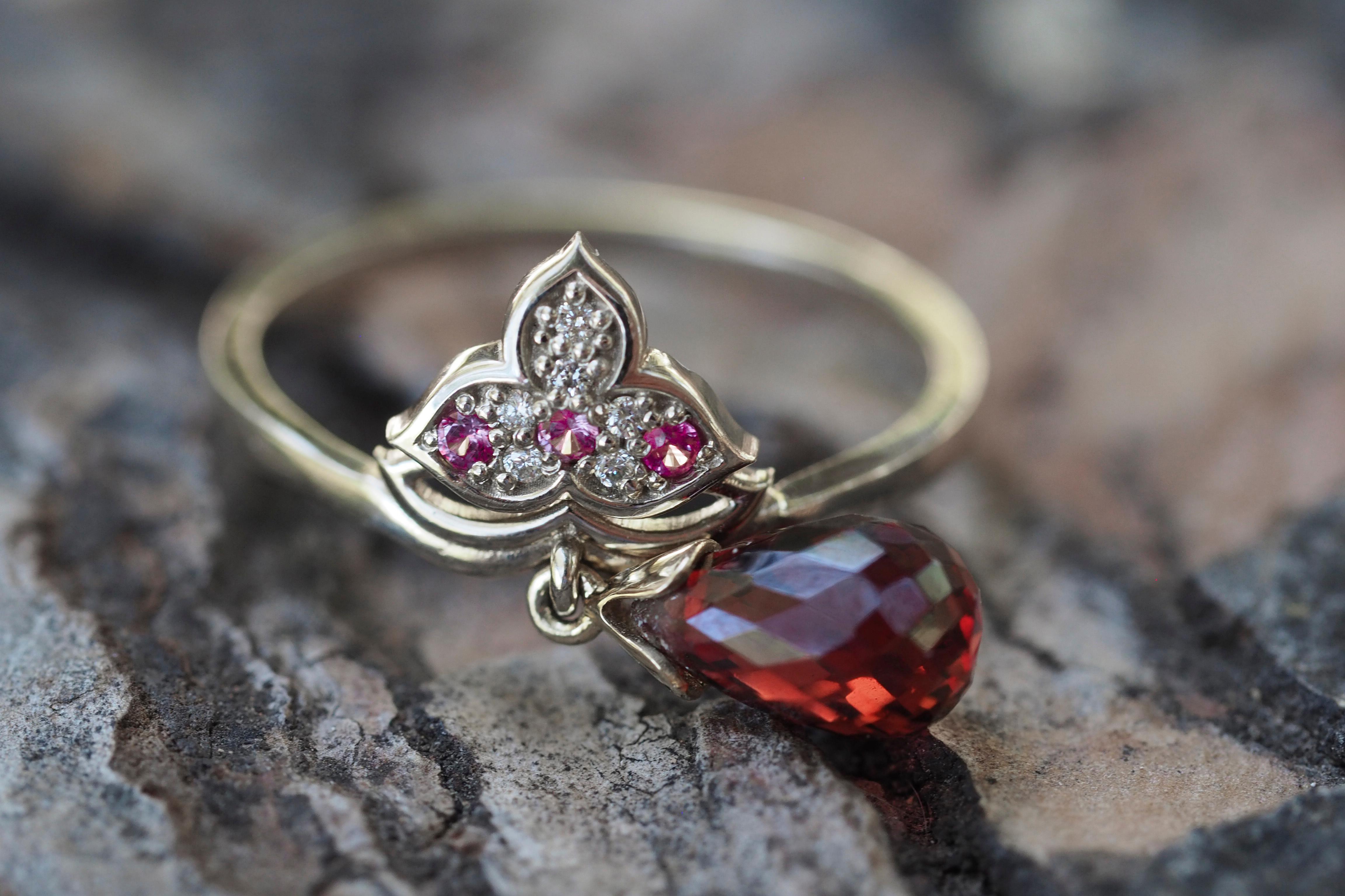 For Sale:  14k Gold Lotus Ring with Garnet, Sapphires and Diamonds 11