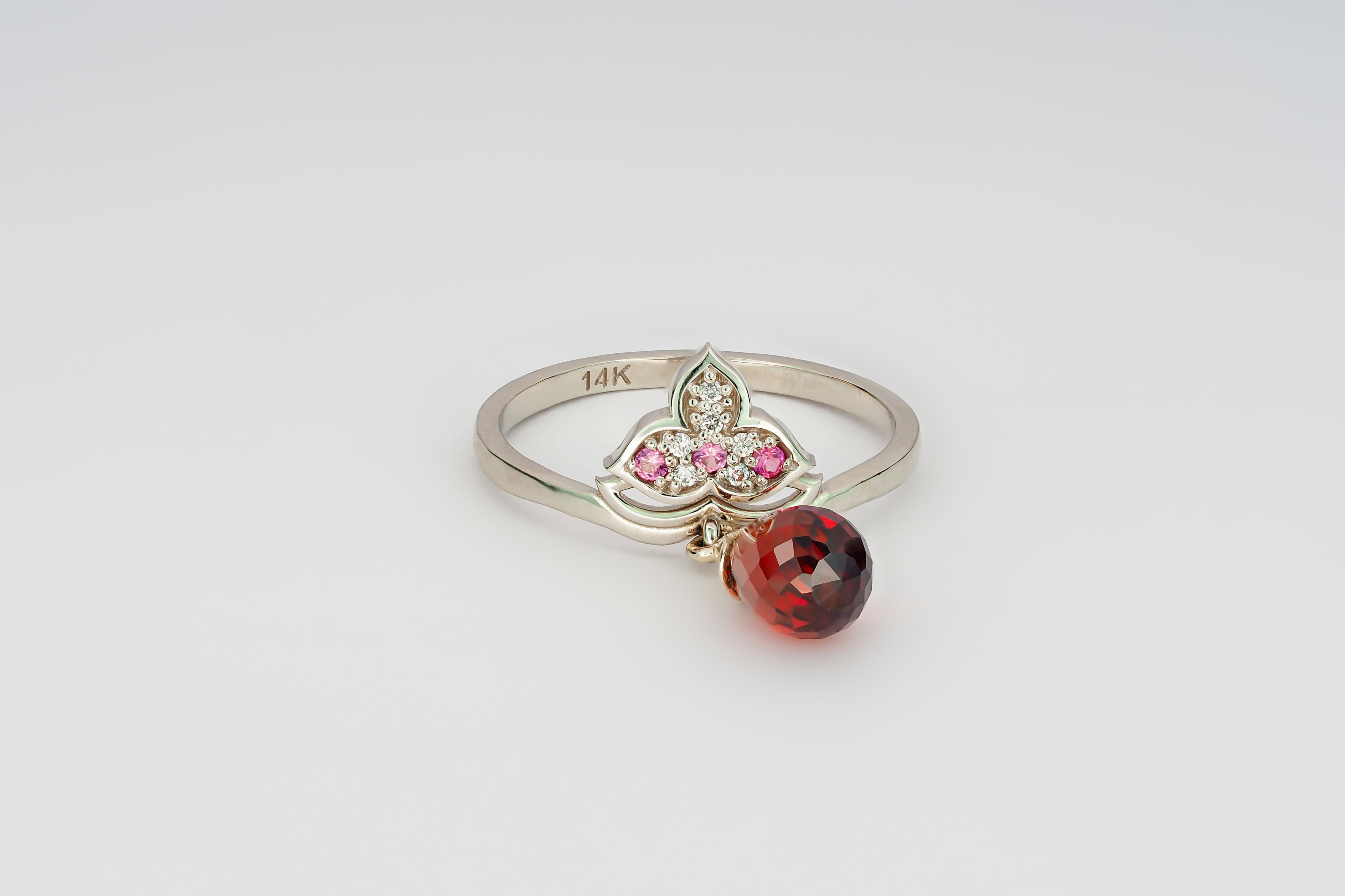 For Sale:  14k Gold Lotus Ring with Garnet, Sapphires and Diamonds 3