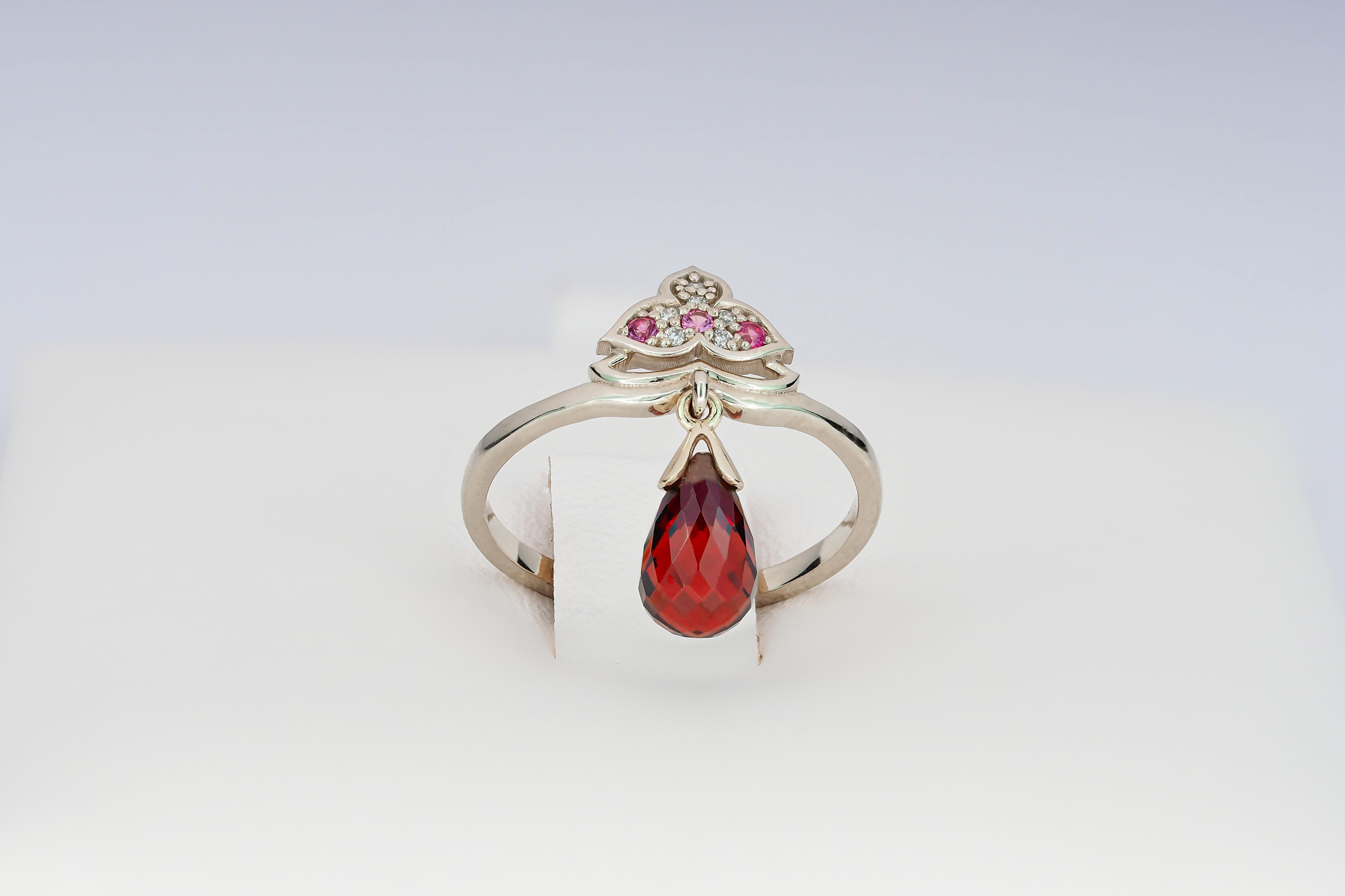 For Sale:  14k Gold Lotus Ring with Garnet, Sapphires and Diamonds 6