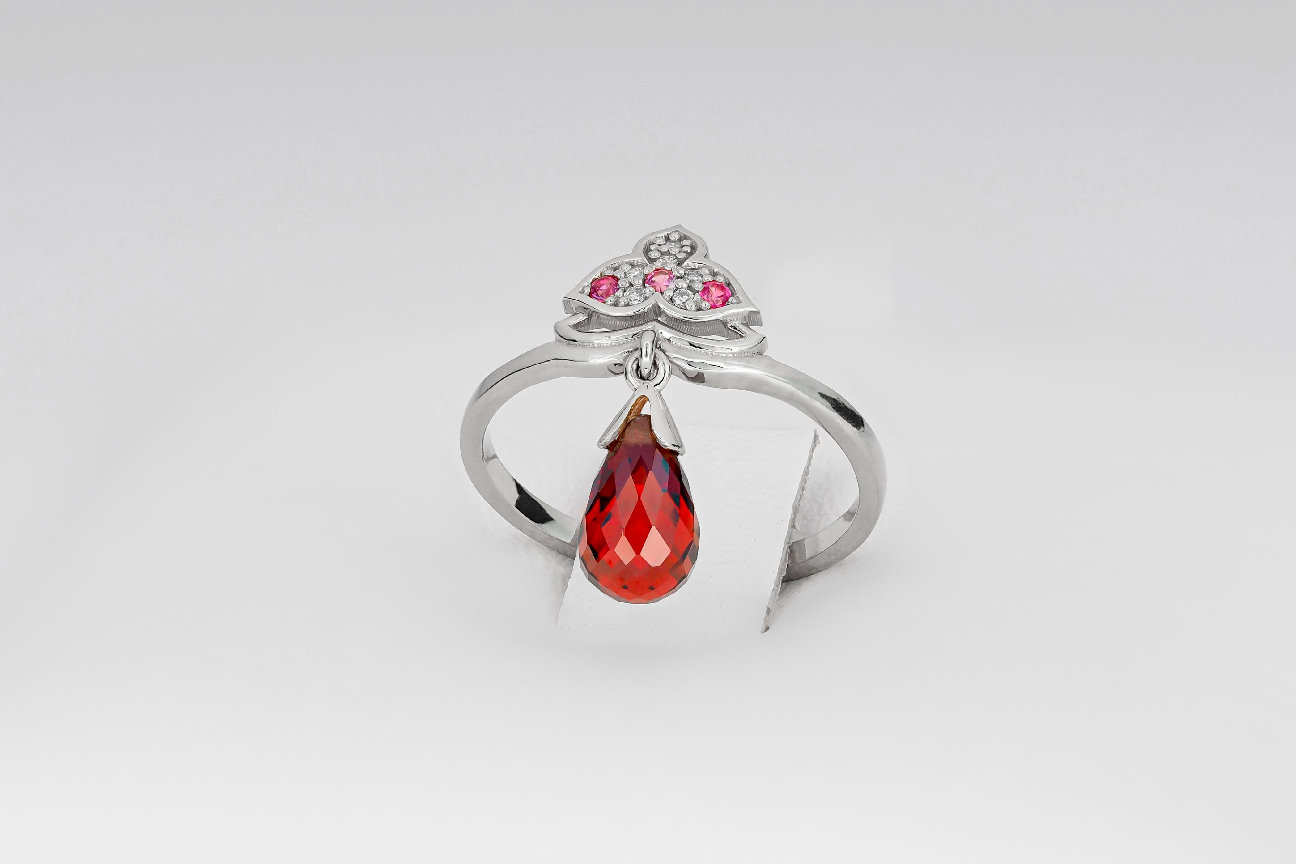 For Sale:  14k Gold Lotus Ring with Garnet, Sapphires and Diamonds 7