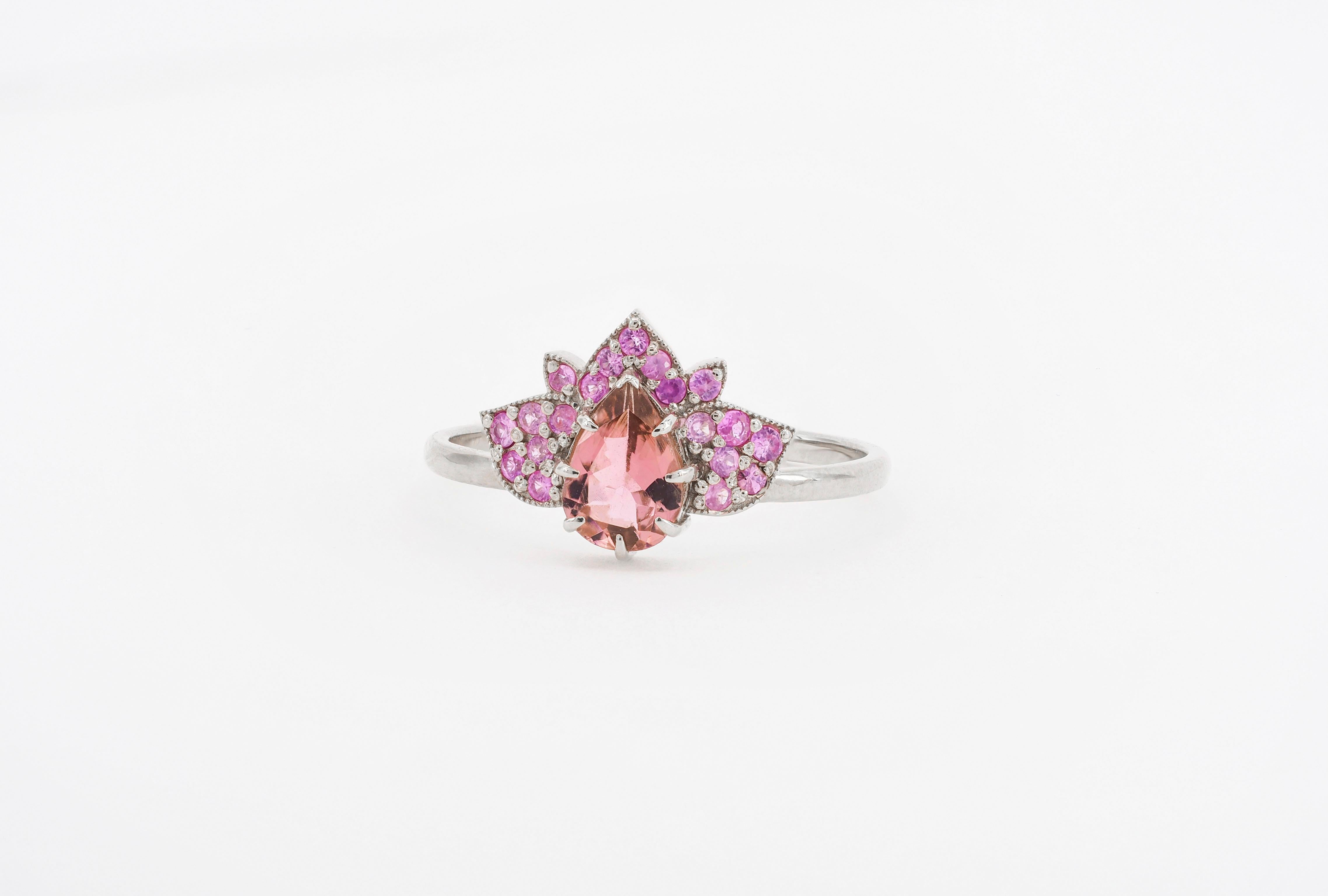 For Sale:  14 karat gold Lotus ring with pink tourmaline and sapphires 2