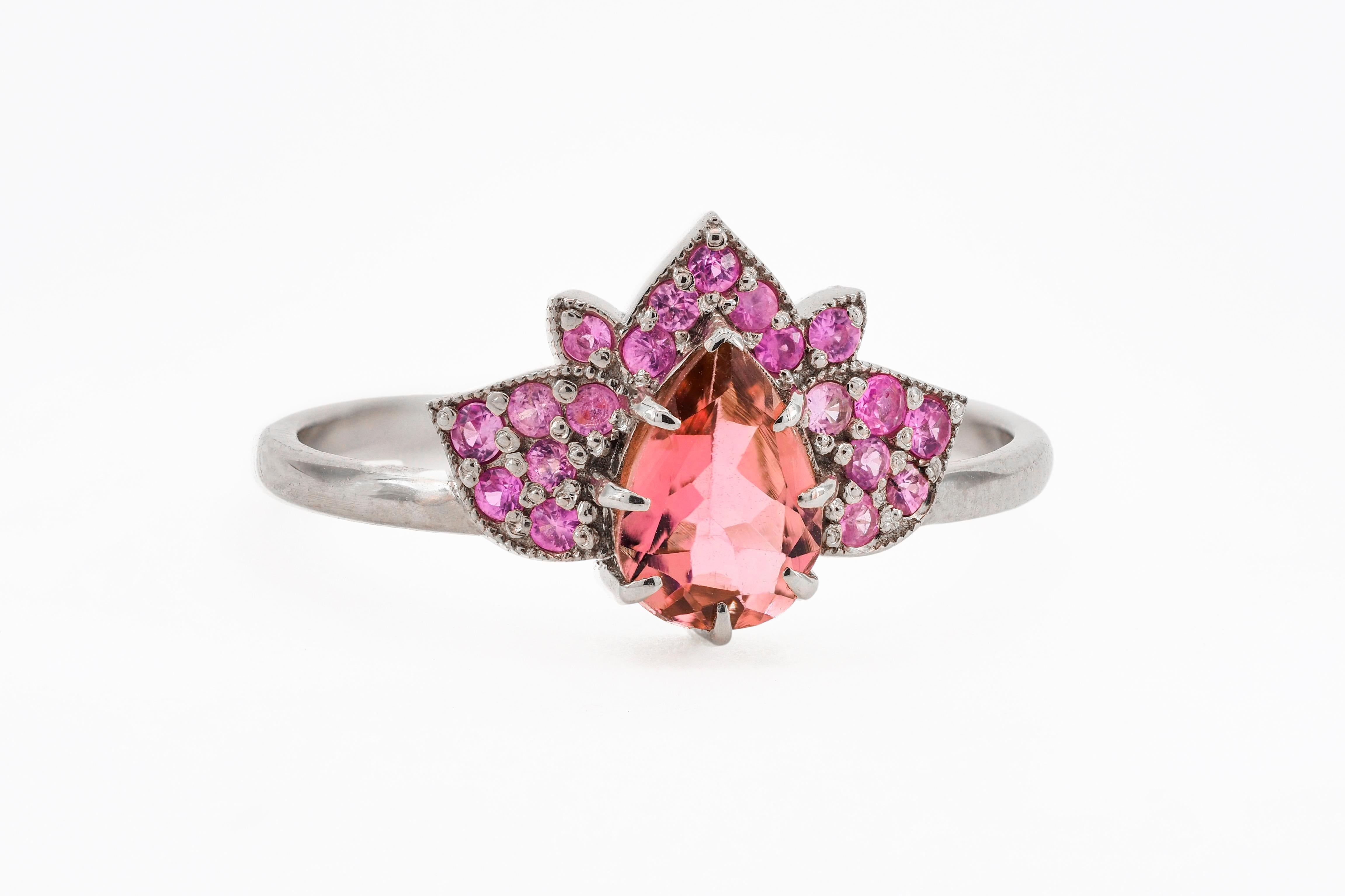 For Sale:  14 karat gold Lotus ring with pink tourmaline and sapphires 3