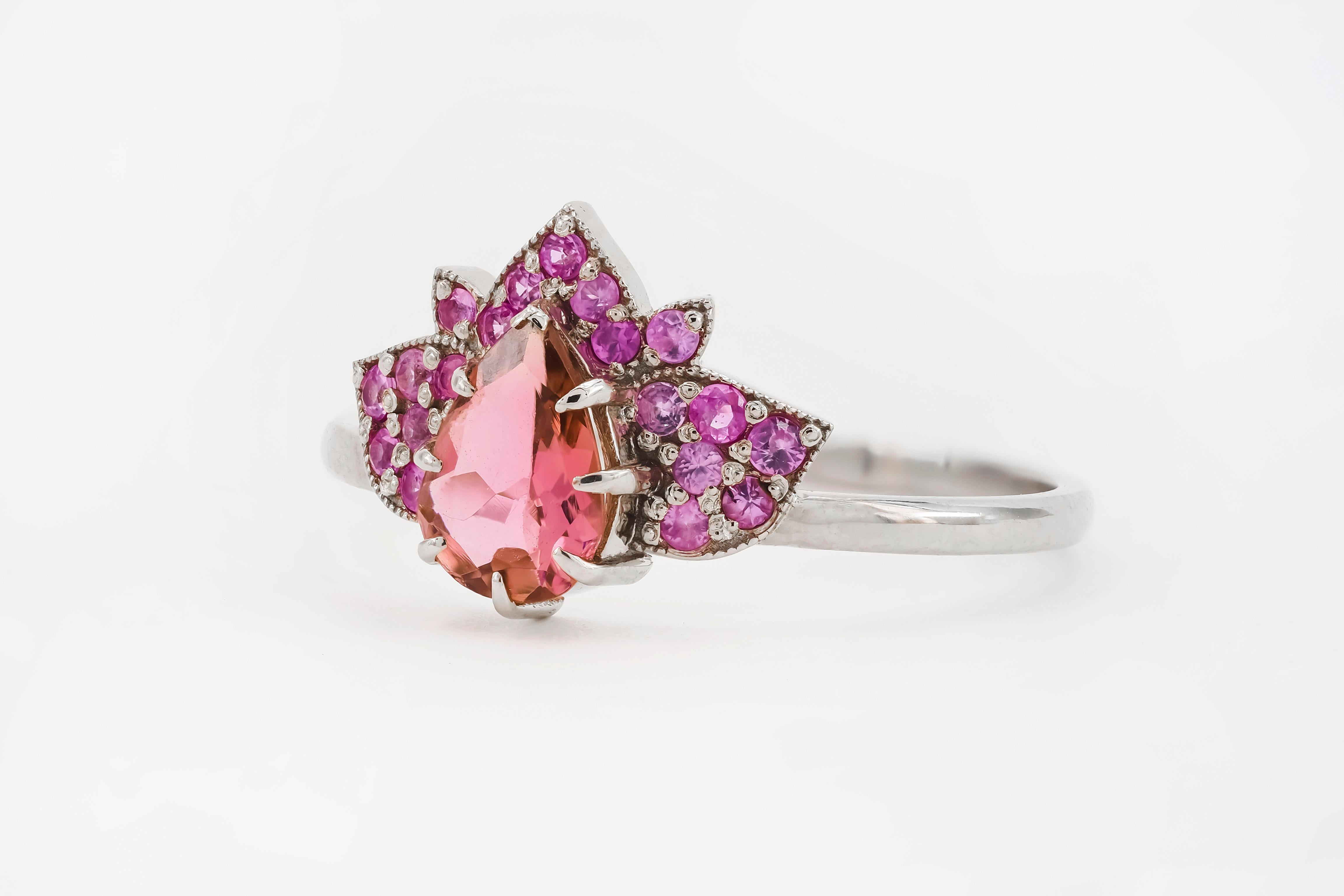 For Sale:  14 karat gold Lotus ring with pink tourmaline and sapphires 4