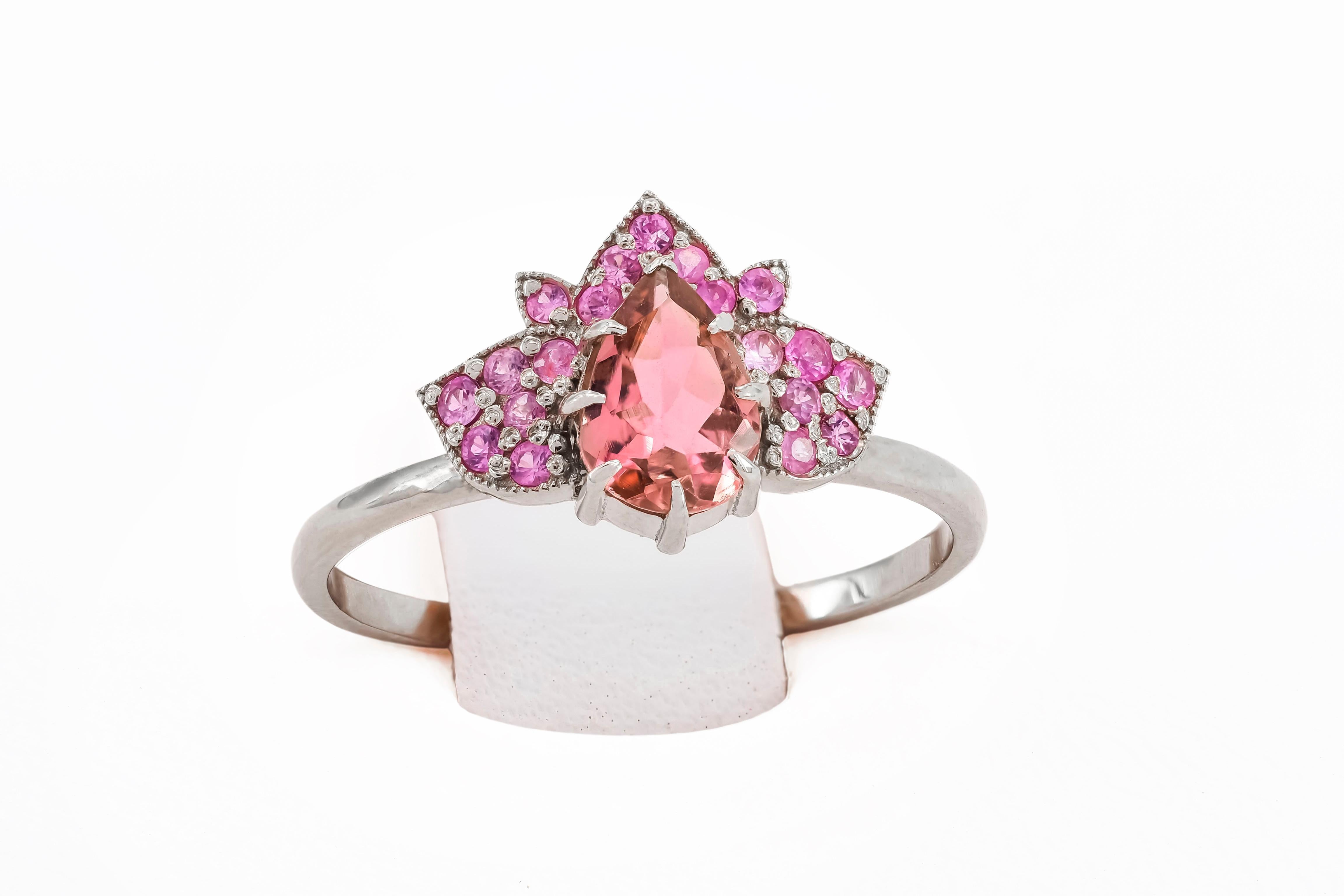 For Sale:  14 karat gold Lotus ring with pink tourmaline and sapphires 5