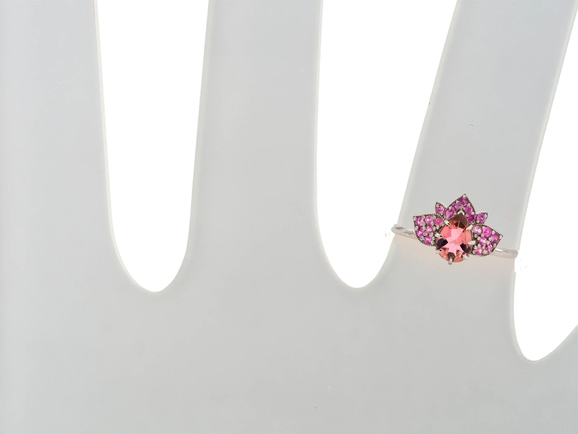For Sale:  14 karat gold Lotus ring with pink tourmaline and sapphires 7
