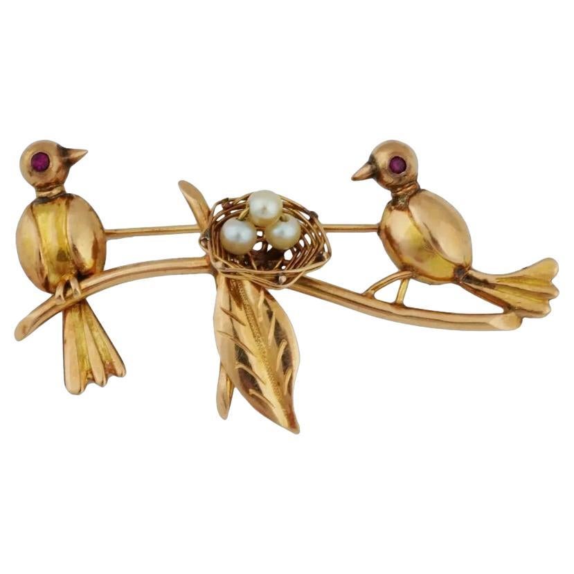 14K Gold Love Birds Ruby Eyes Natural Pearls Brooch For Sale