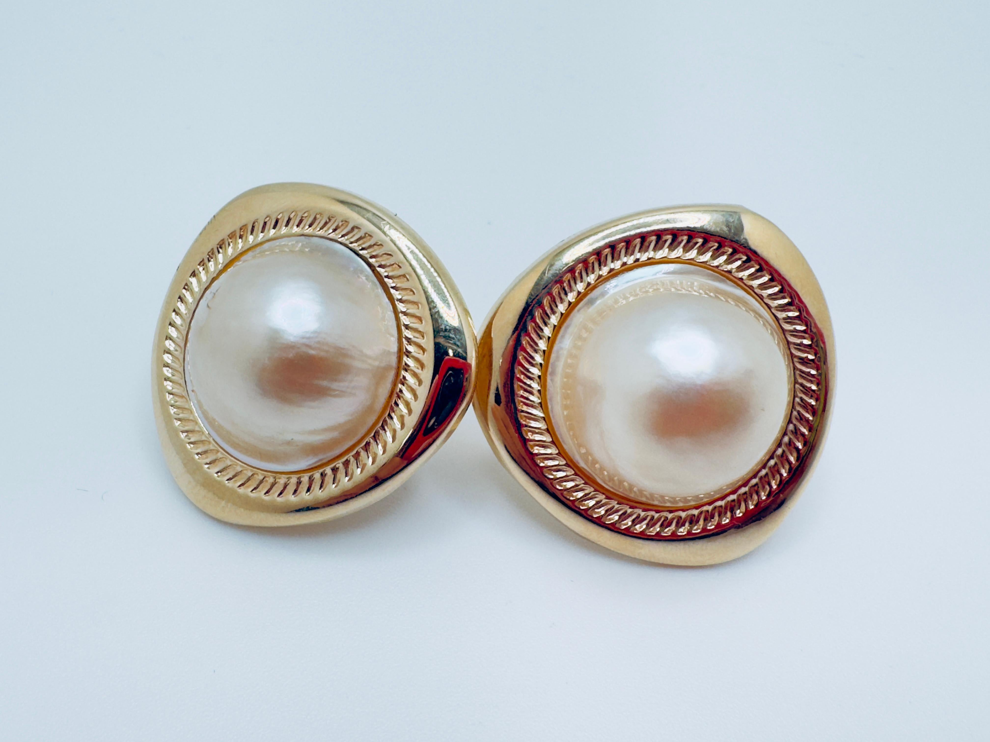 Modern 14K Gold Mabe Pearl Omega Back Earrings, 18mm For Sale