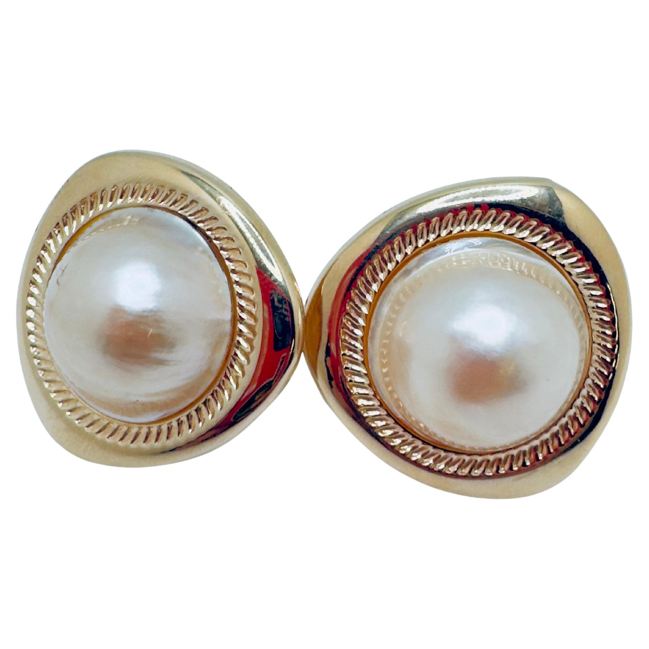 14K Gold Mabe Pearl Omega Back Earrings, 18mm For Sale