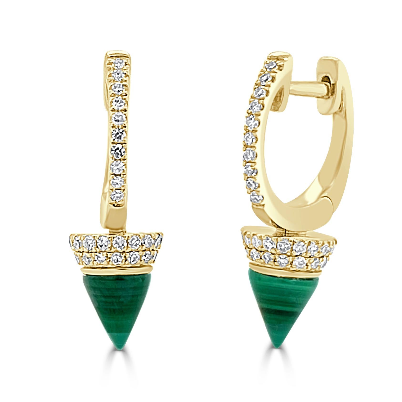 14k Gold Malachite & Diamond Spike Drop Huggy Earrings

Earring Diameter: 3/4 inches
Diamond Weight: 0.29 ct.
Diamond Count: 86
Gemstone Weight: 4.0 ct.
Gold Weight: 2.6 grams (approx.)
This piece is perfect for everyday wear and makes the perfect