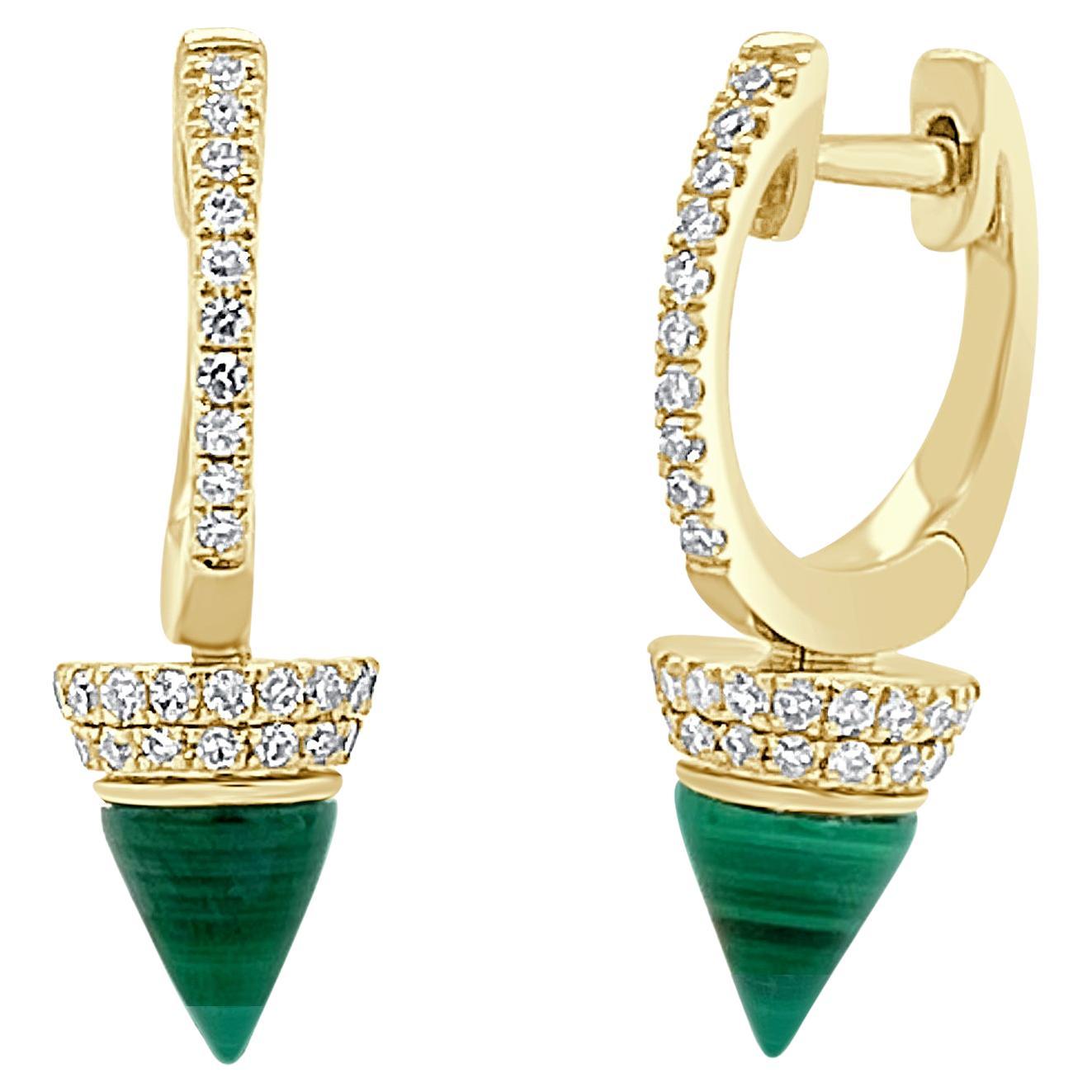 14k Gold Malachite & Diamond Spike Drop Huggy Earrings For Sale