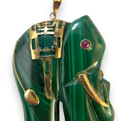 14K Gold Malachite Elephant Pendant with Ruby Eye