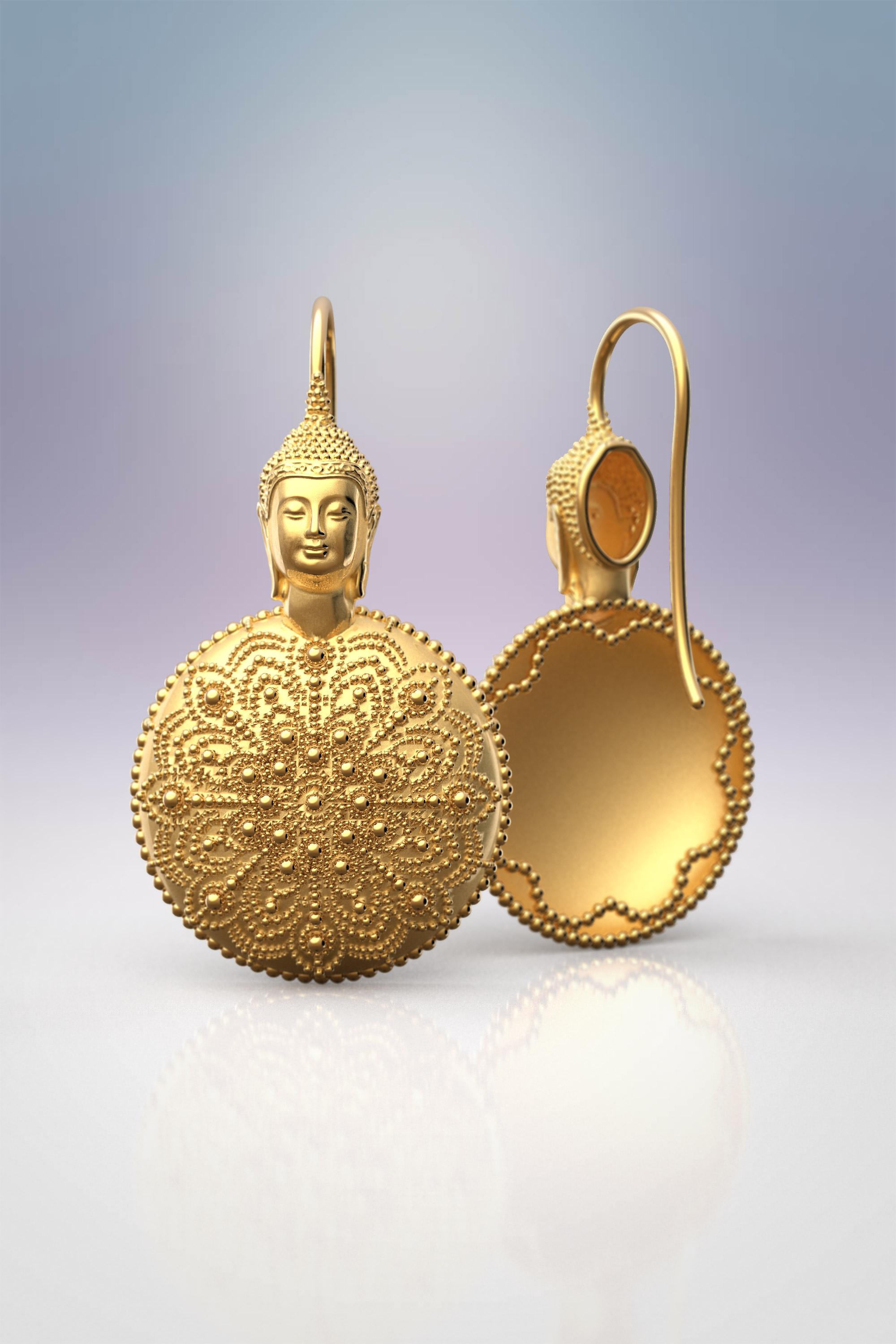 Modern 14k Gold Mandala Earrings, Meditation Gift, Buddha Jewelry Made in Italy For Sale