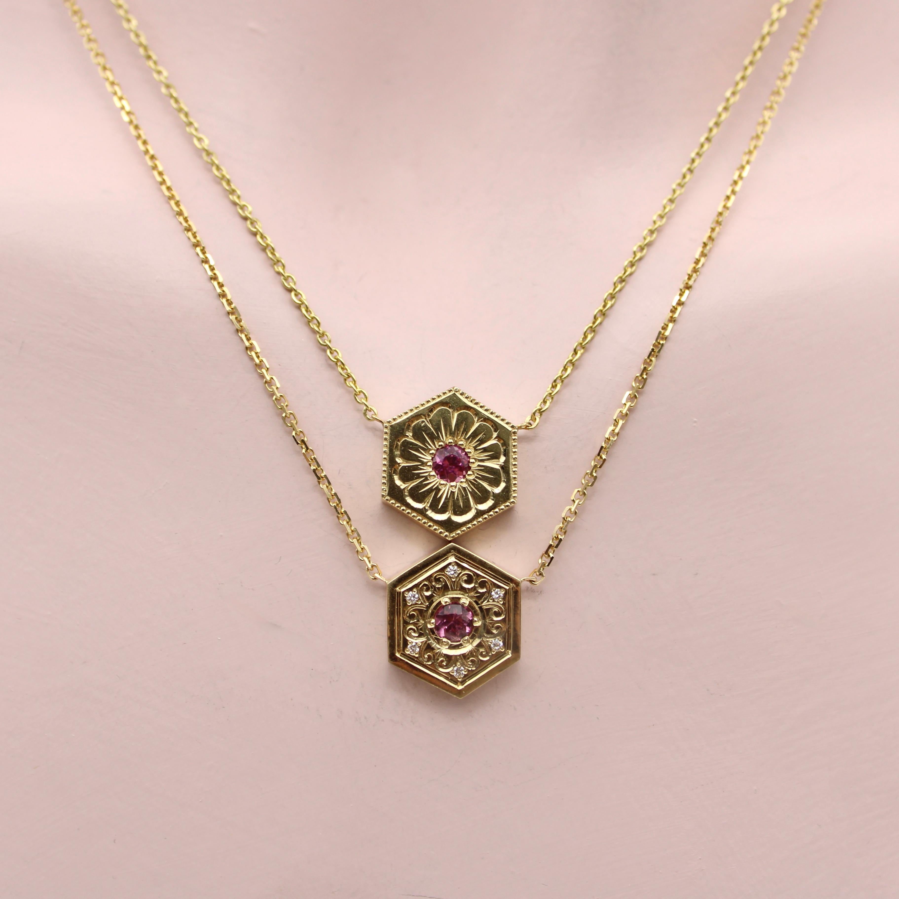 Women's or Men's 14k Gold Mandala Medallion Necklace with Pink Tourmaline For Sale