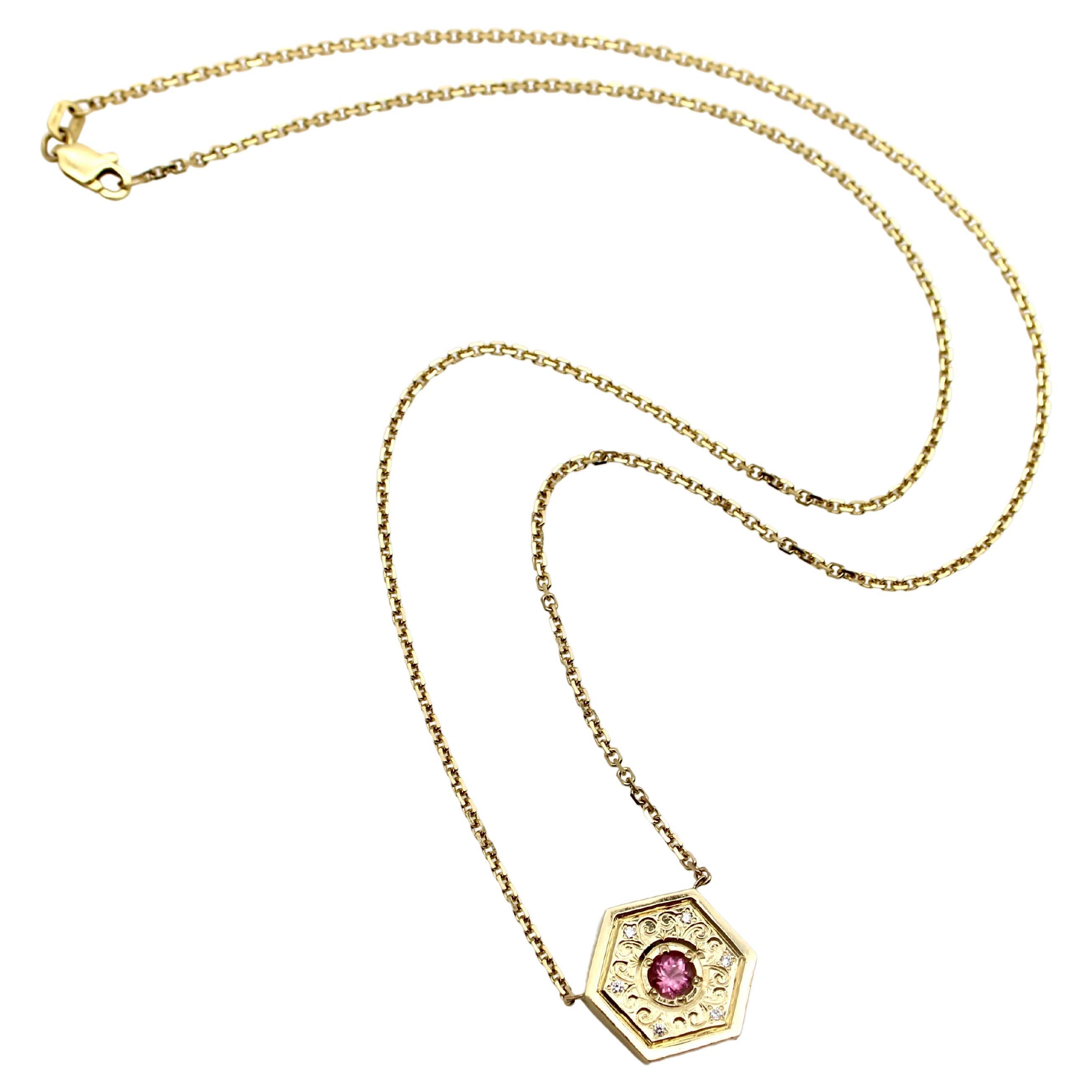 14k Gold Mandala Medallion Necklace with Pink Tourmaline For Sale