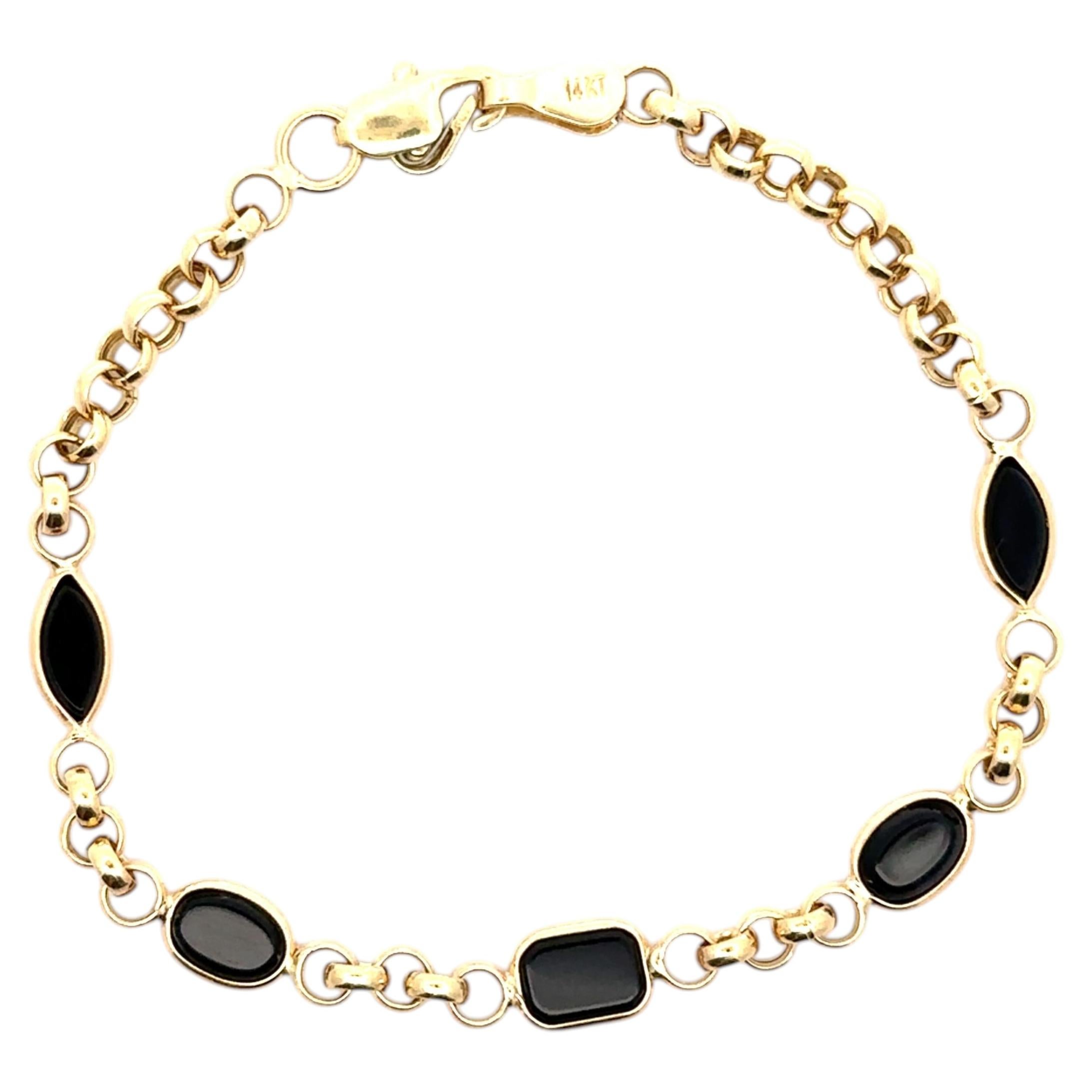 14k Gold Marquise Oval & Rectangular Black Onyx Station Rolo Link Stack Bracelet For Sale