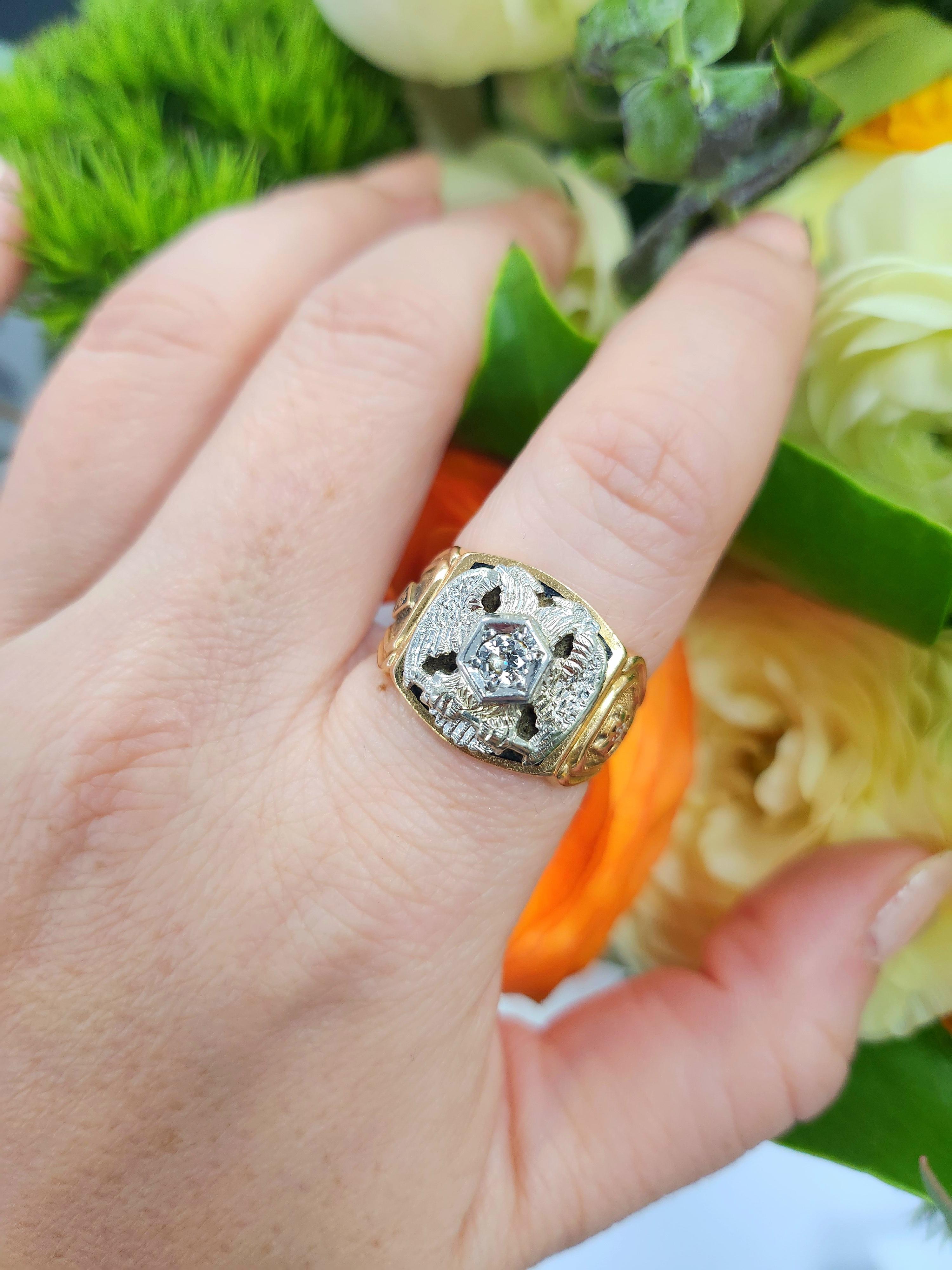 Anello massonico in oro 14K  Testa di aquila doppia  Diamante vecchio taglio europeo da 0,18 carati  Vi in vendita 2