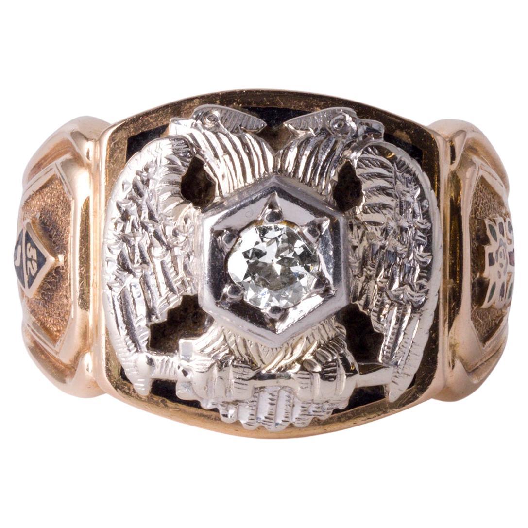 Anillo Masónico de Oro de 14K  Cabeza de águila doble  0,18ct Diamante talla europea antiguo  Vi