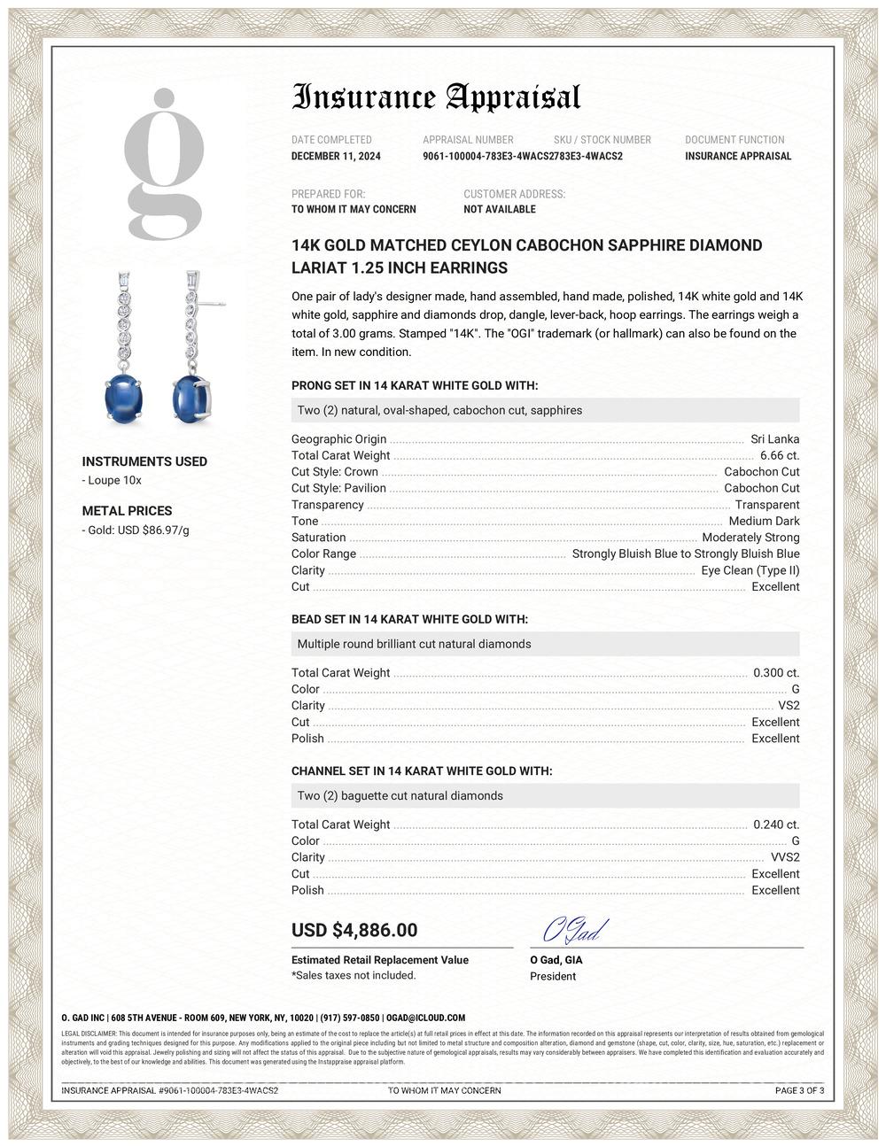 Contemporary 14K Gold Matched Ceylon Cabochon Sapphire Diamond Lariat 1.25 Inch Earrings For Sale